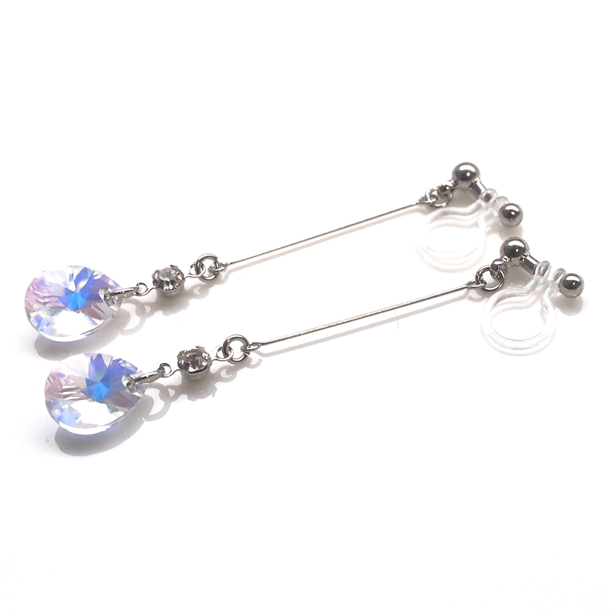 Aurora Borealis Teardrop Swarovski Invisible Clip On Earrings ( Silver tone ) - Miyabi Grace