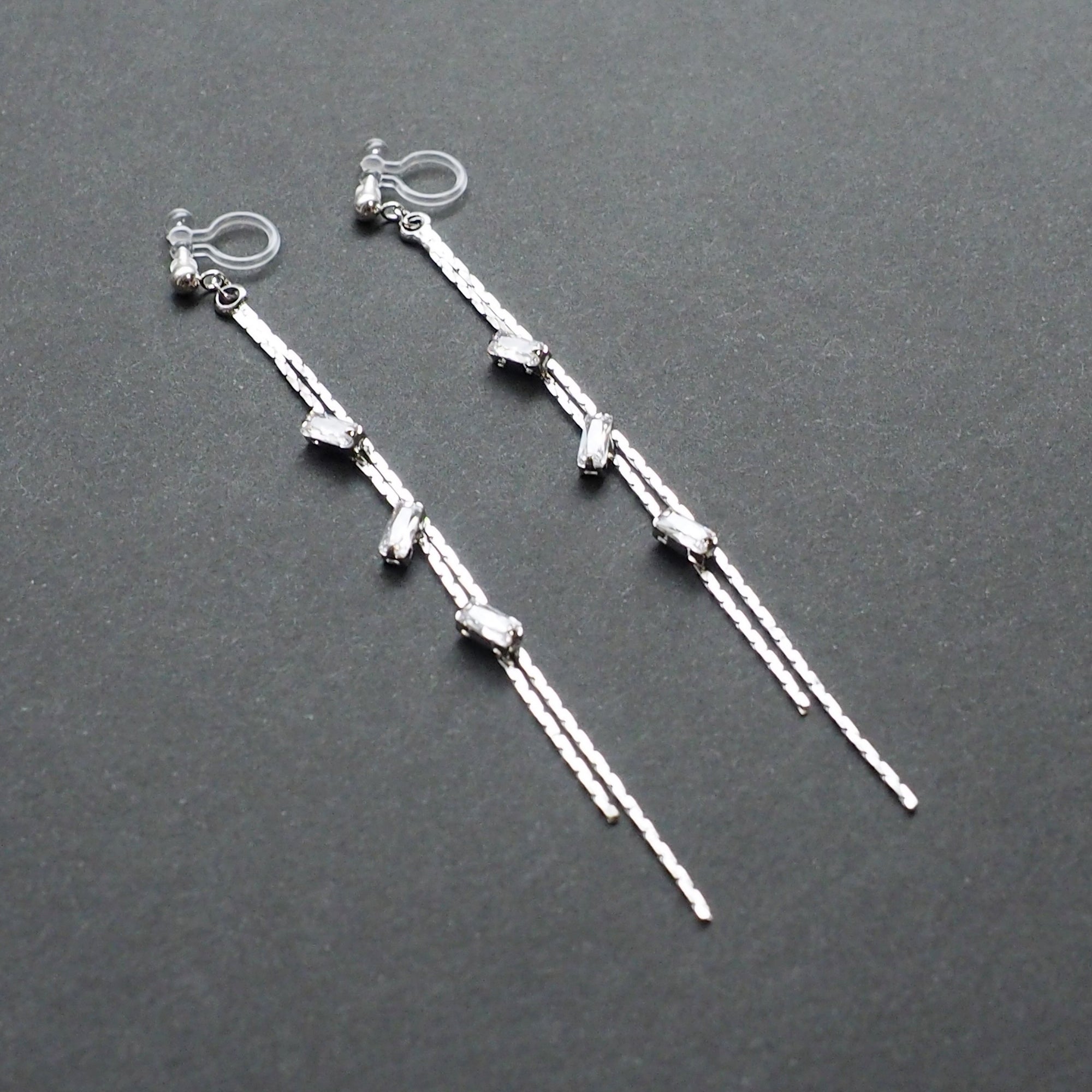 Silver chain rhinestone crystal dangle invisible clip on earrings - Miyabi Grace