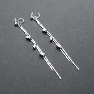 Silver chain rhinestone crystal dangle invisible clip on earrings - Miyabi Grace
