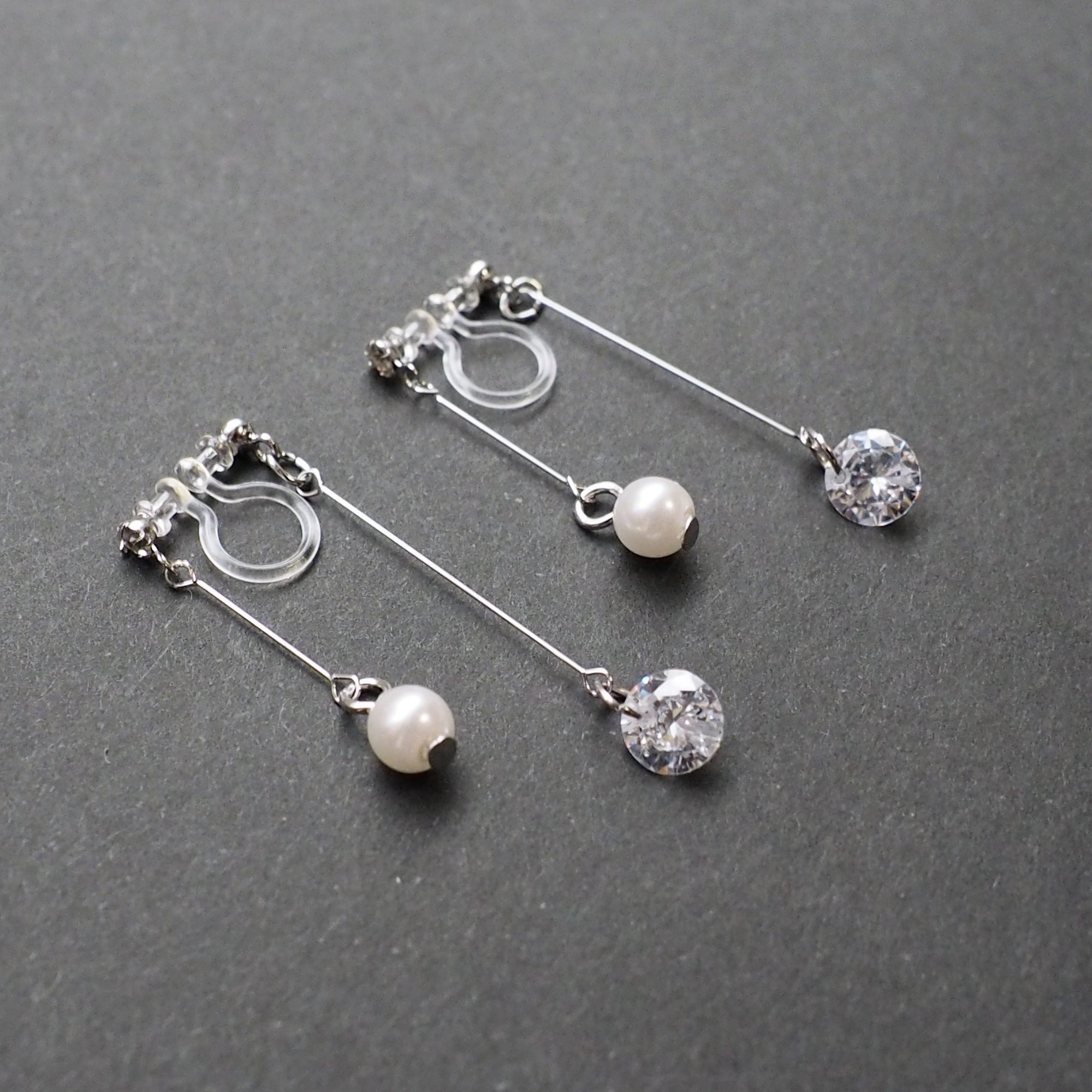Silver double sided pearl & cubic zirconia crystal dangle invisible clip on earrings - Miyabi Grace