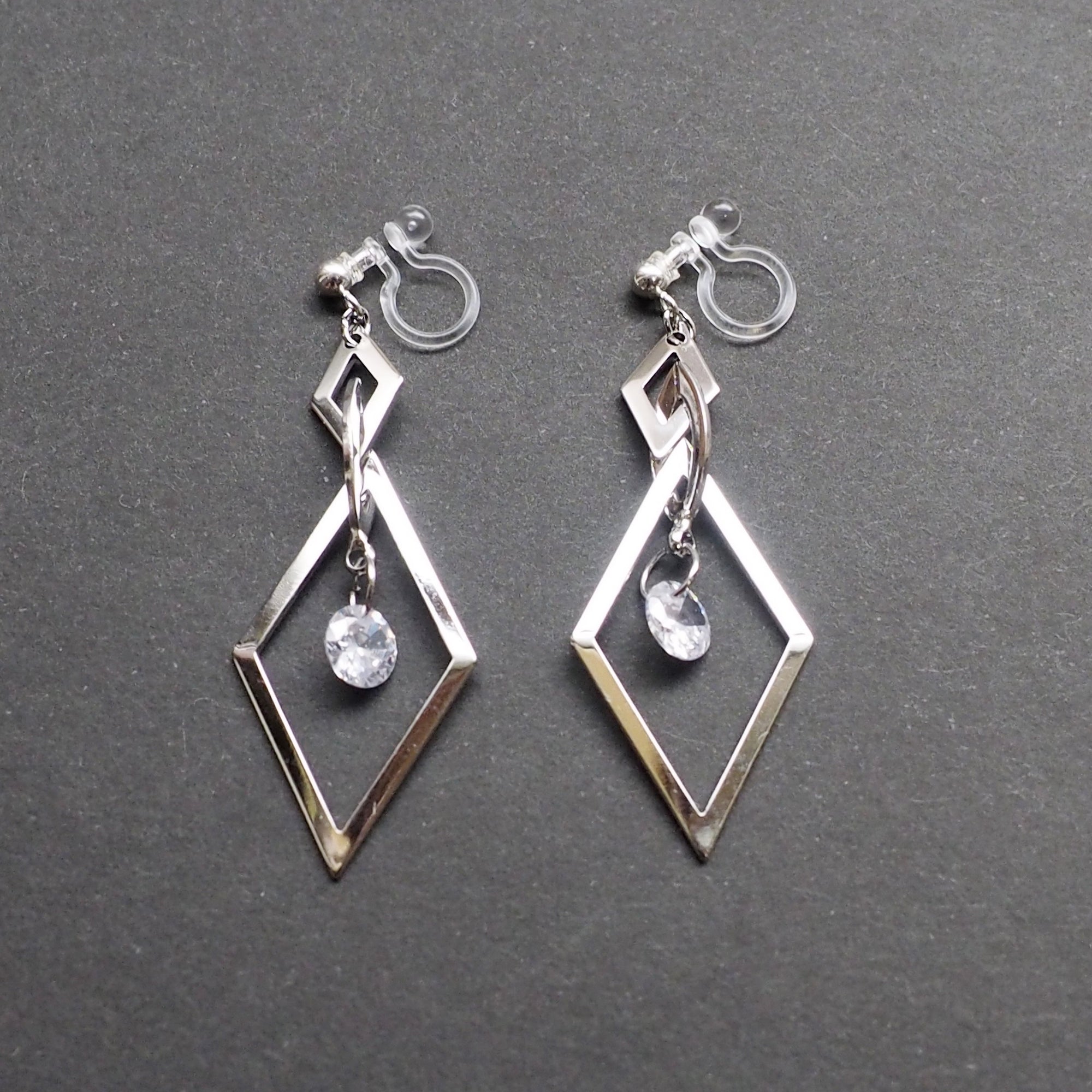 Silver diamond shape hoop cubic zirconia crystal dangle invisible clip on earrings - Miyabi Grace