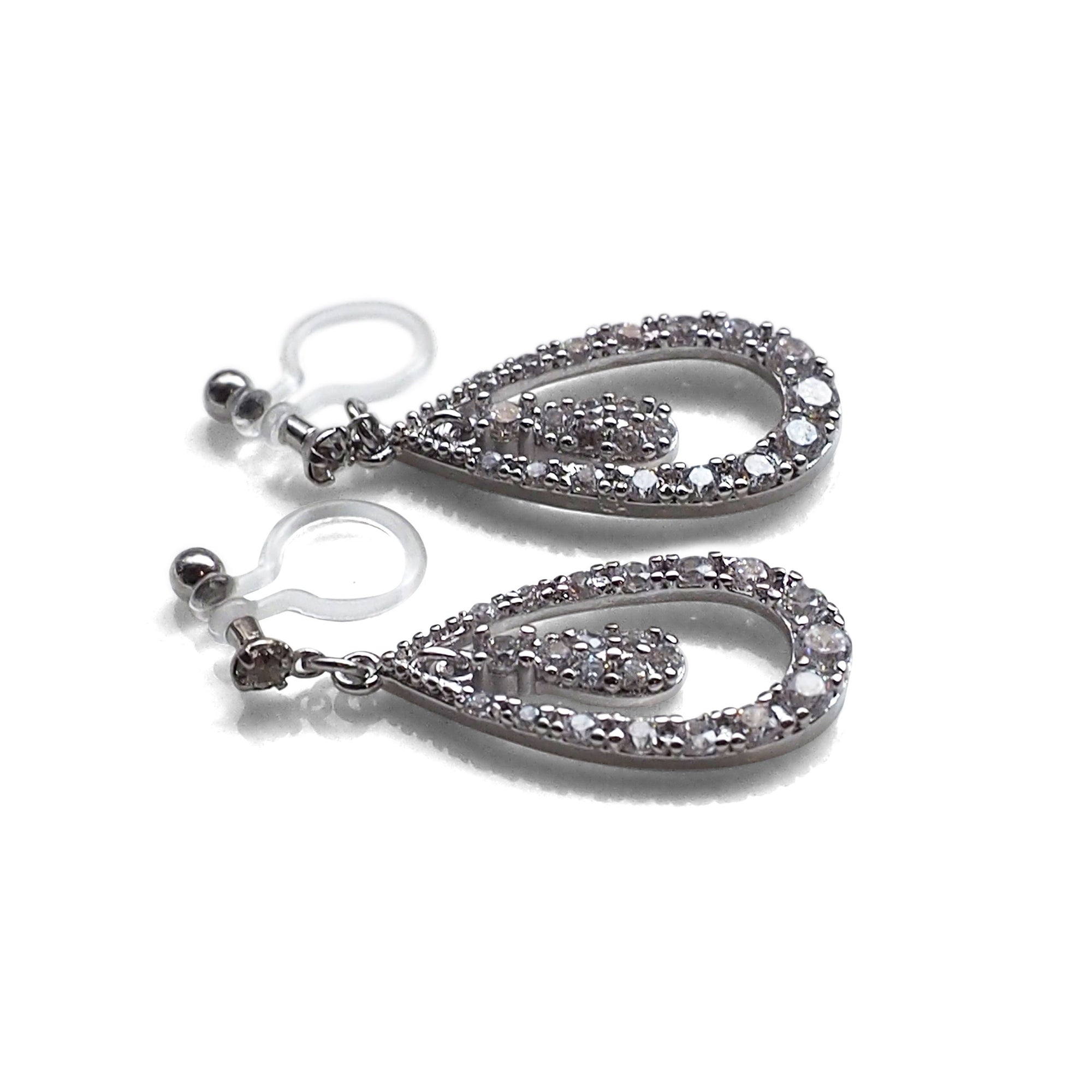 Double Teardrop cubic zirconia invisible clip on earrrings ( Silver tone) - miyabigracejewelry.com