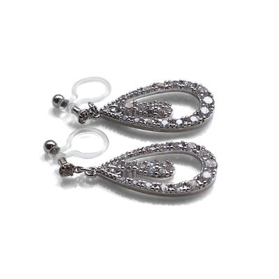 Double Teardrop cubic zirconia invisible clip on earrrings ( Silver tone) - miyabigracejewelry.com