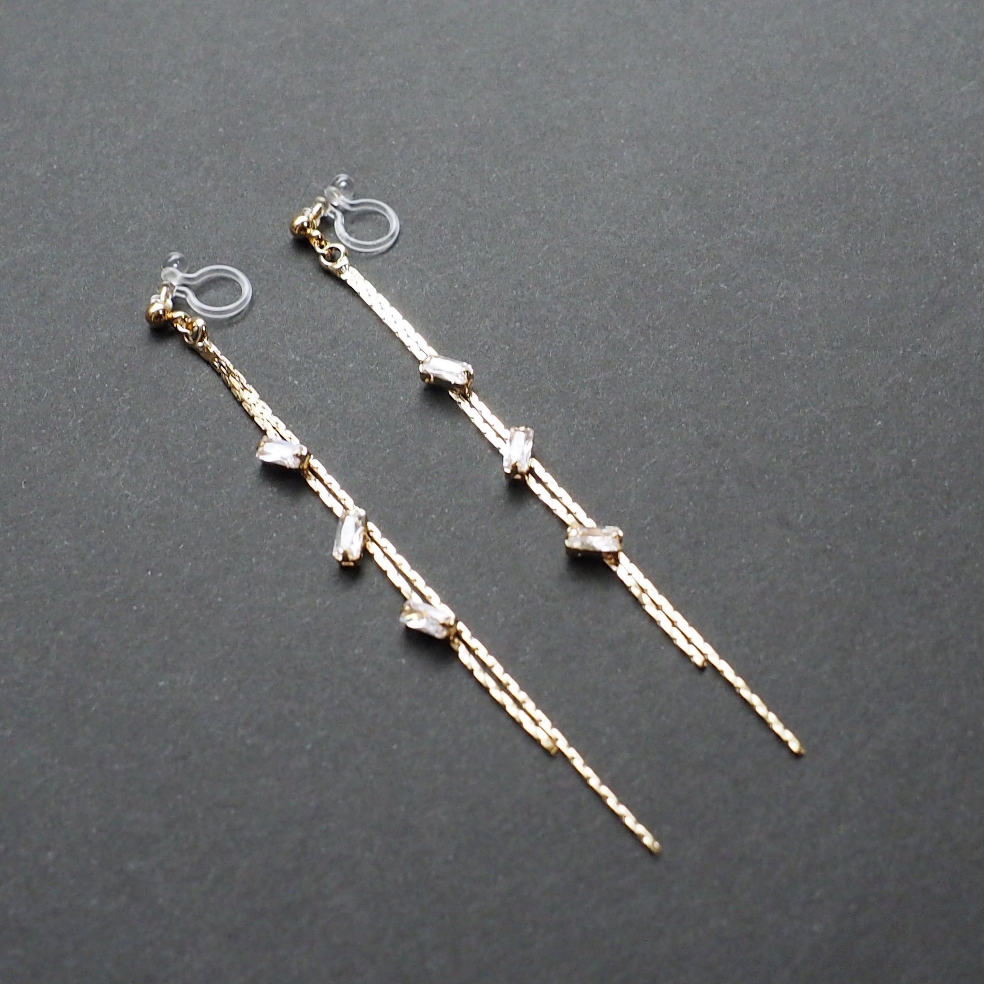 Gold chain rhinestone crystal dangle invisible clip on earrings - Miyabi Grace