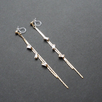 Gold chain rhinestone crystal dangle invisible clip on earrings - Miyabi Grace