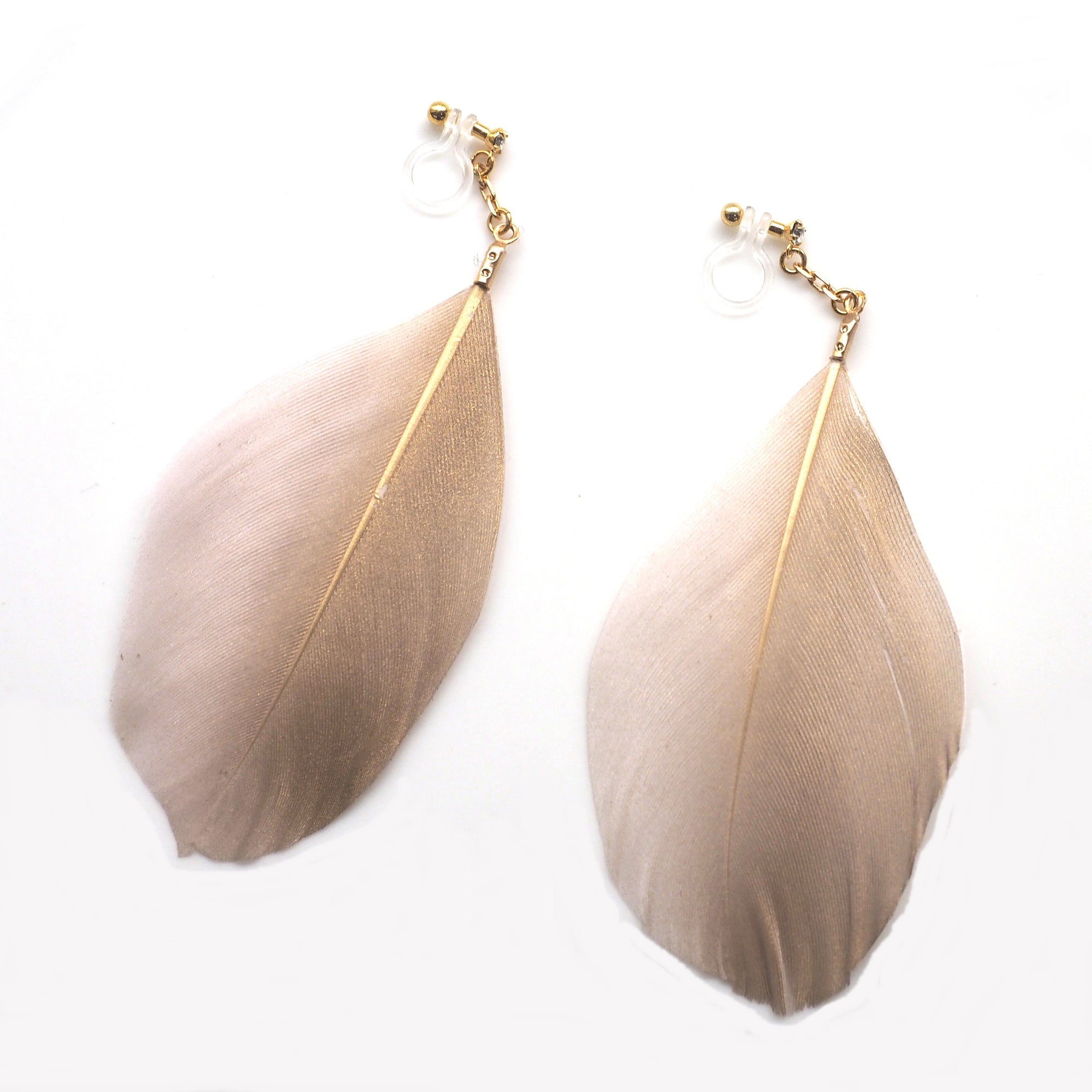 Gold painted pink feather invisible clip on earrings - miyabigracejewelry.com