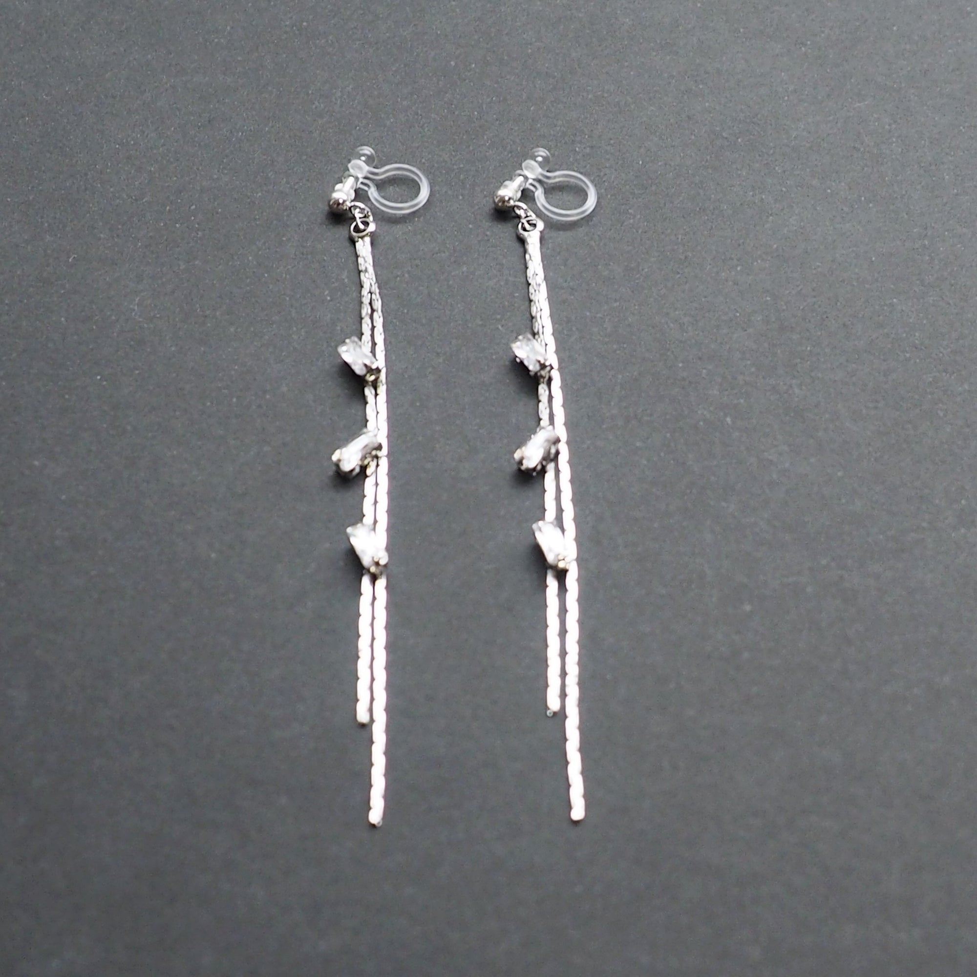 Silver chain rhinestone crystal dangle invisible clip on earrings - Miyabi Grace