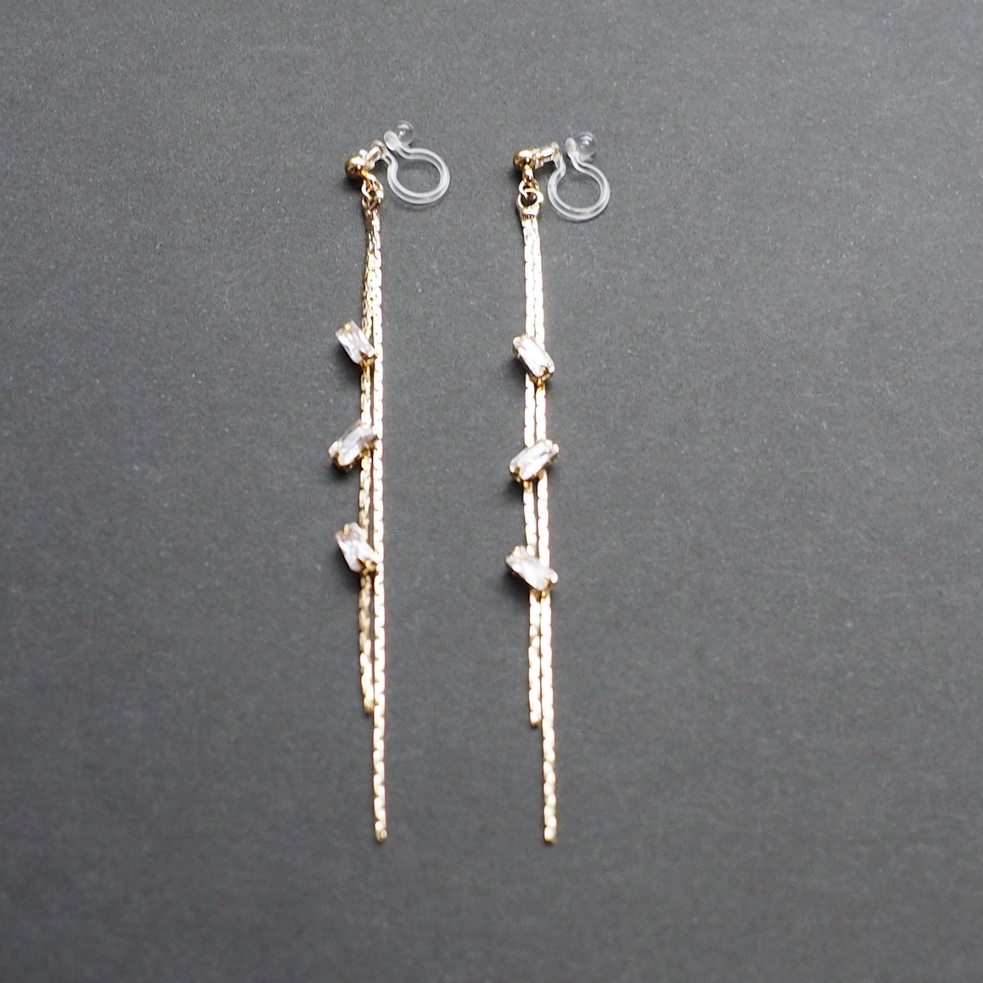 Gold chain rhinestone crystal dangle invisible clip on earrings - Miyabi Grace