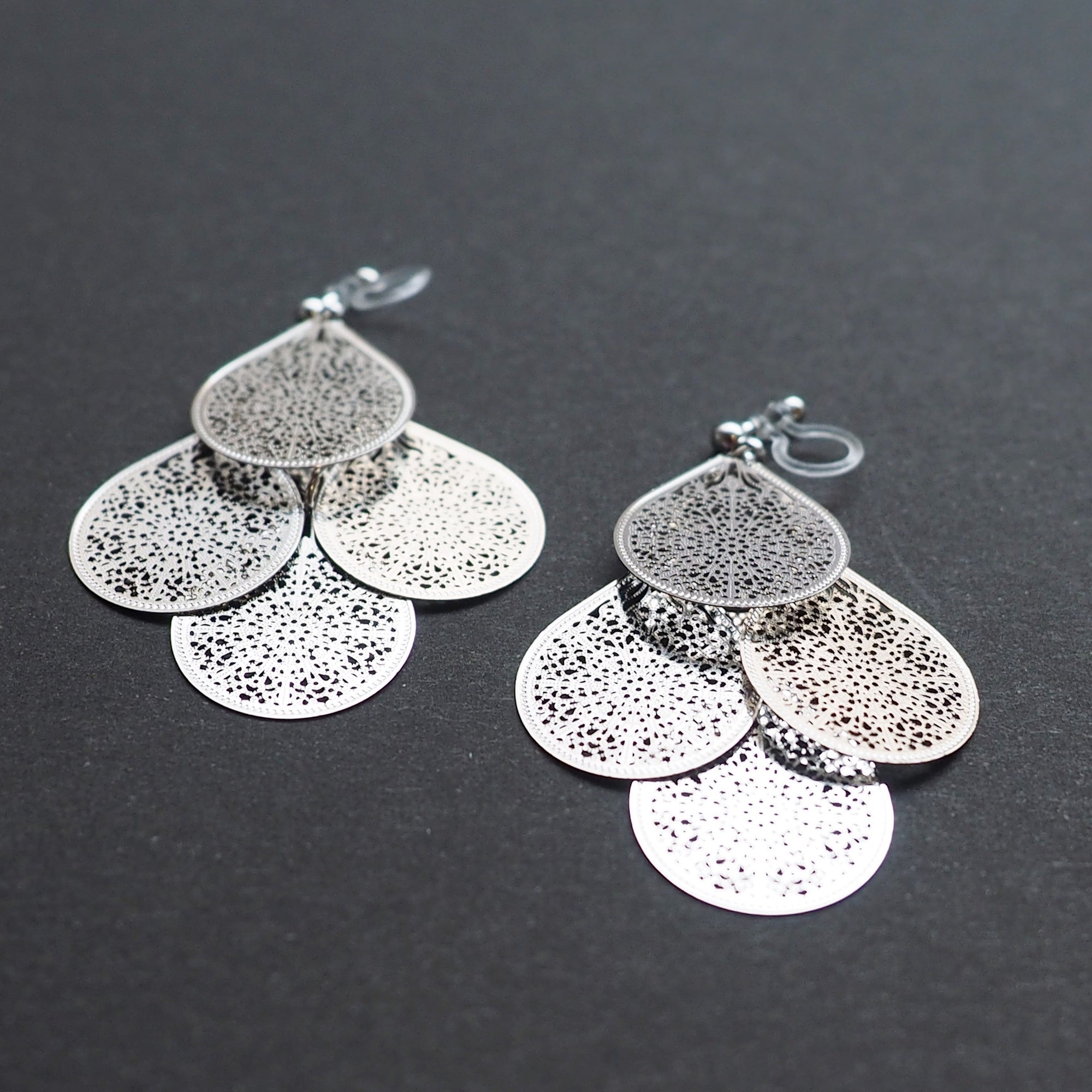 Dangle silver filigree invisible clip on earrings - miyabigracejewelry.com