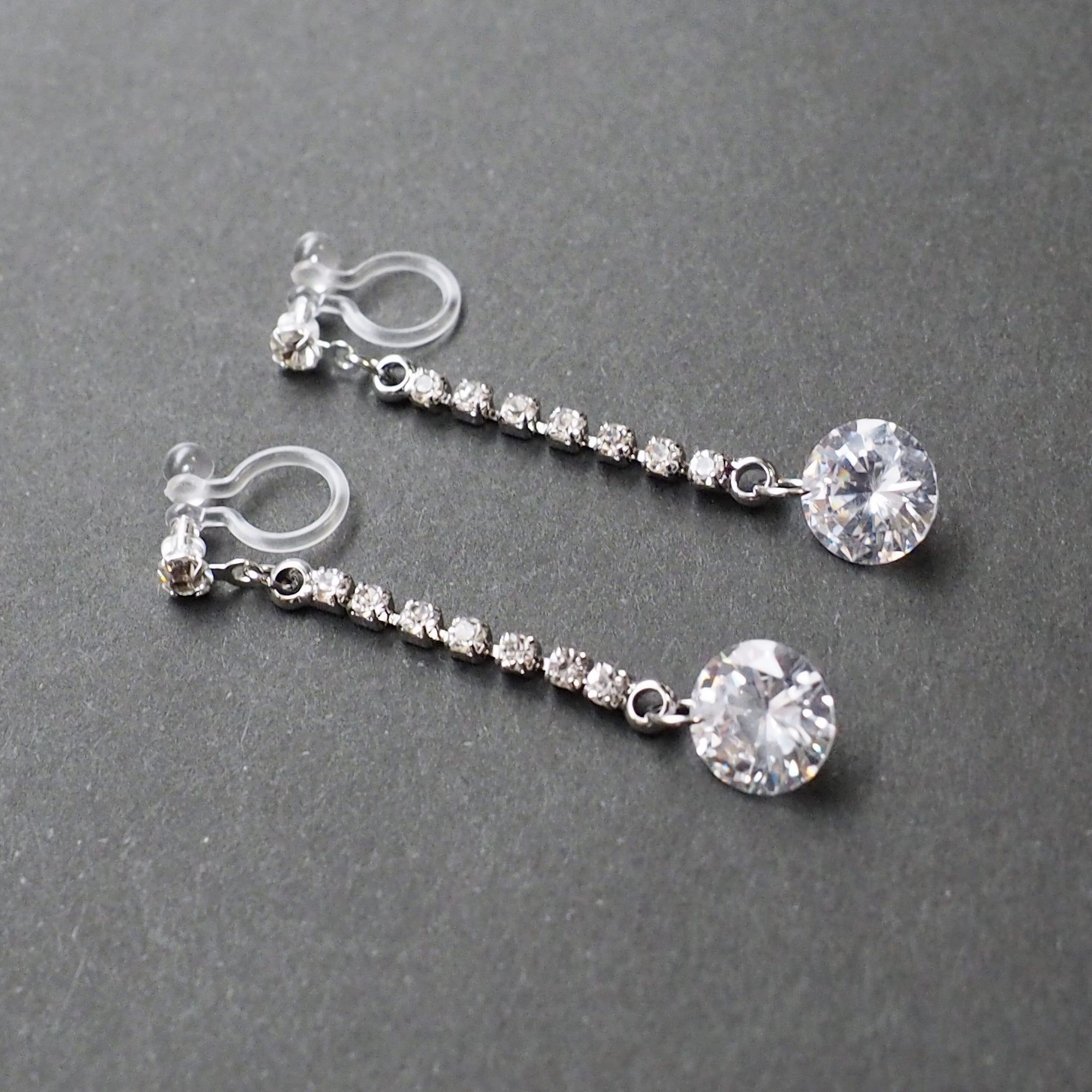 Silver cubic zirconia crystal dangle invisible clip on earrings - Miyabi Grace