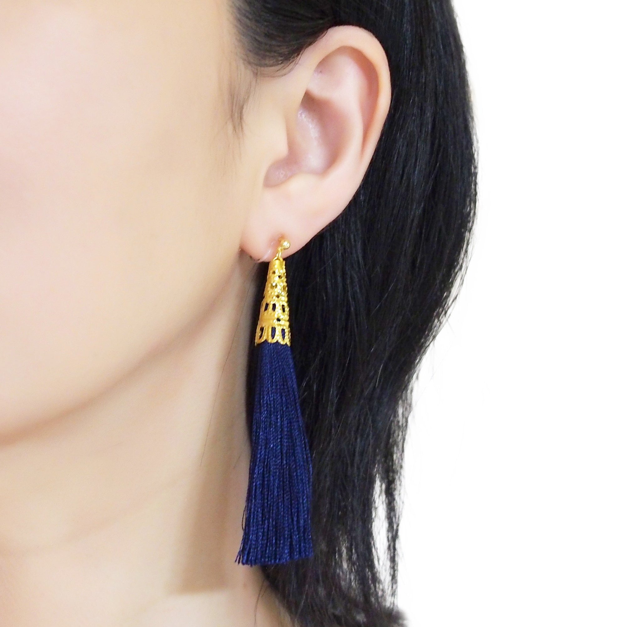 Long Navy Blue Tassel Invisible Clip On Earrings - miyabigracejewelry.com