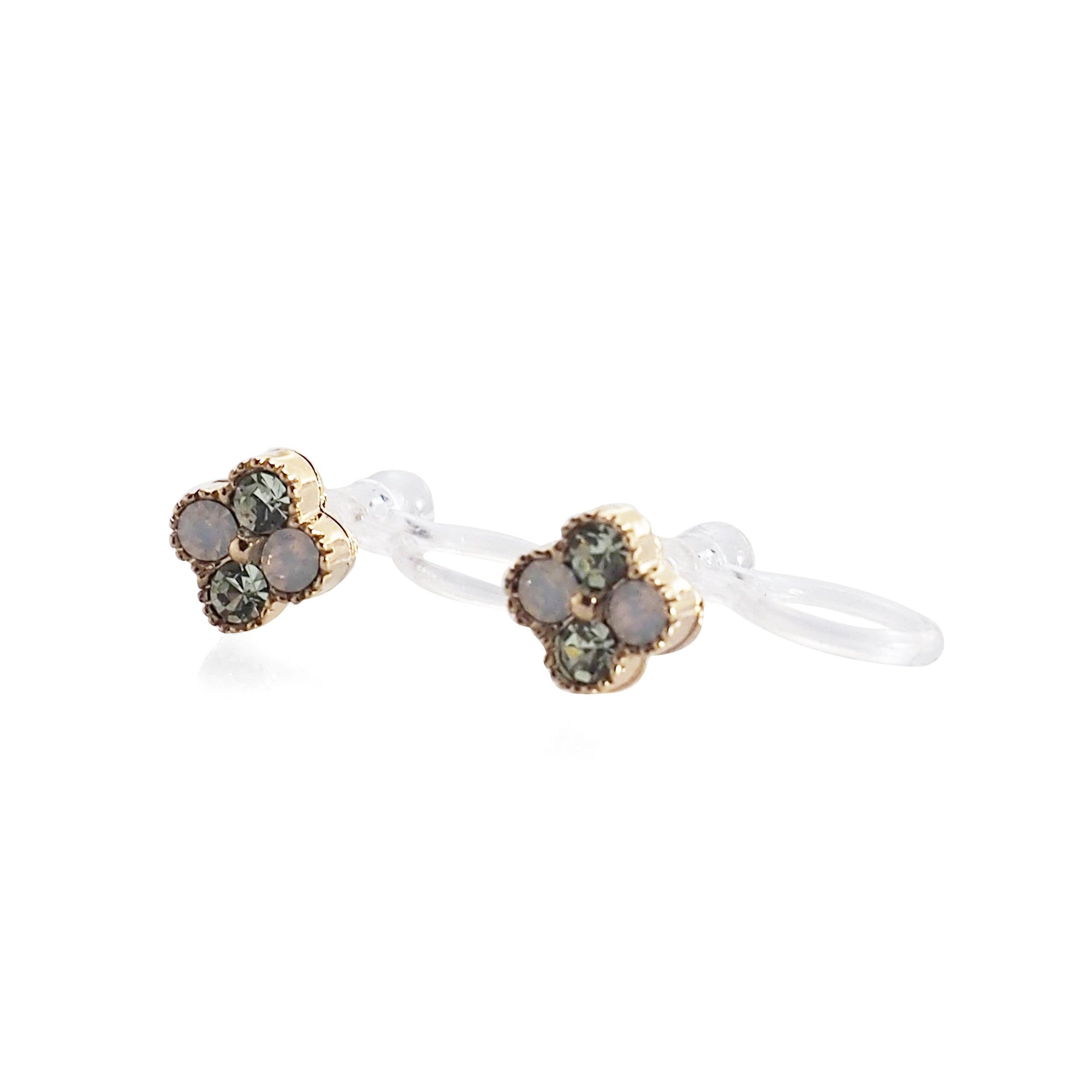 Light Green Flower Rhinestone Invisible Clip On Stud Earrings - miyabigracejewelry.com