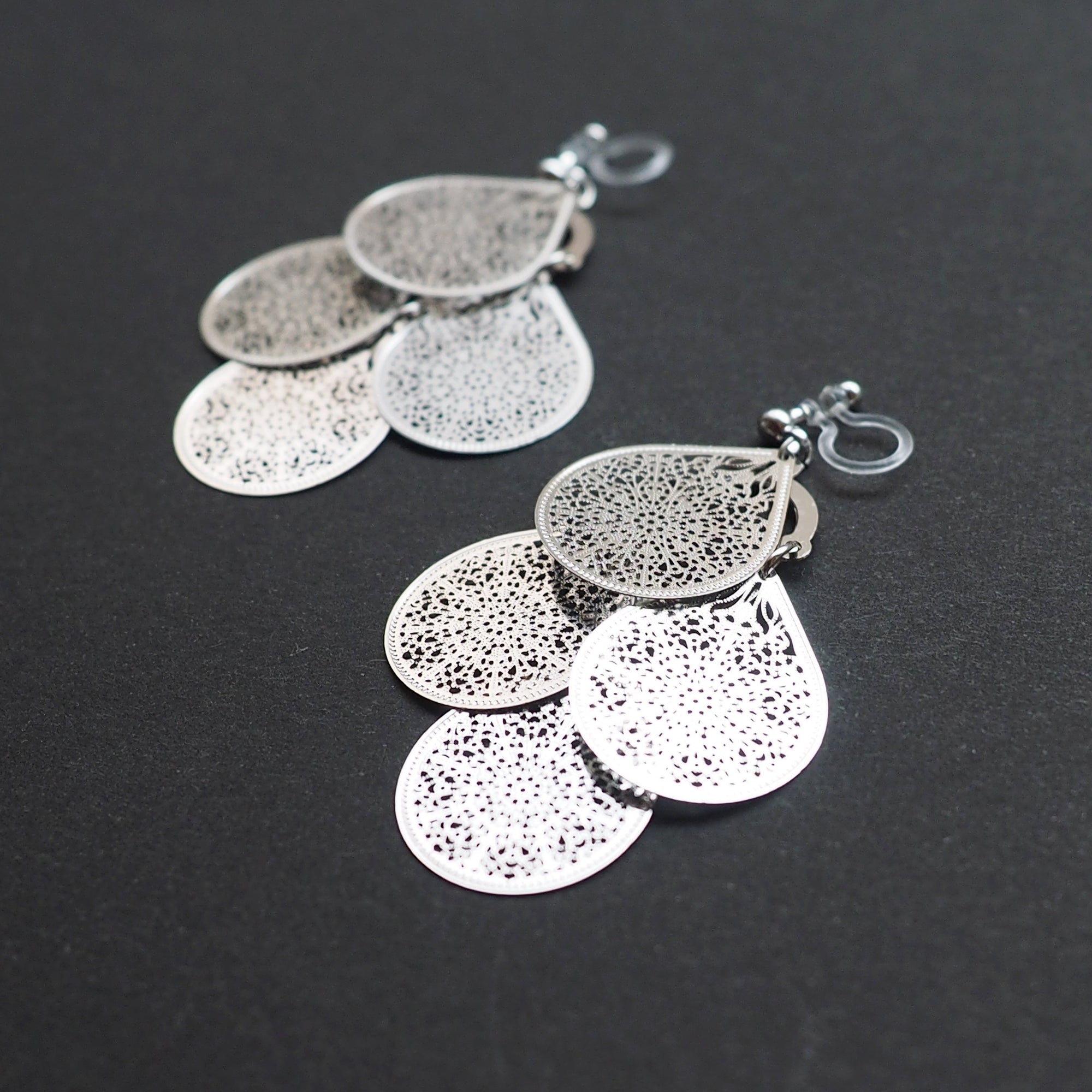 Dangle silver filigree invisible clip on earrings - miyabigracejewelry.com