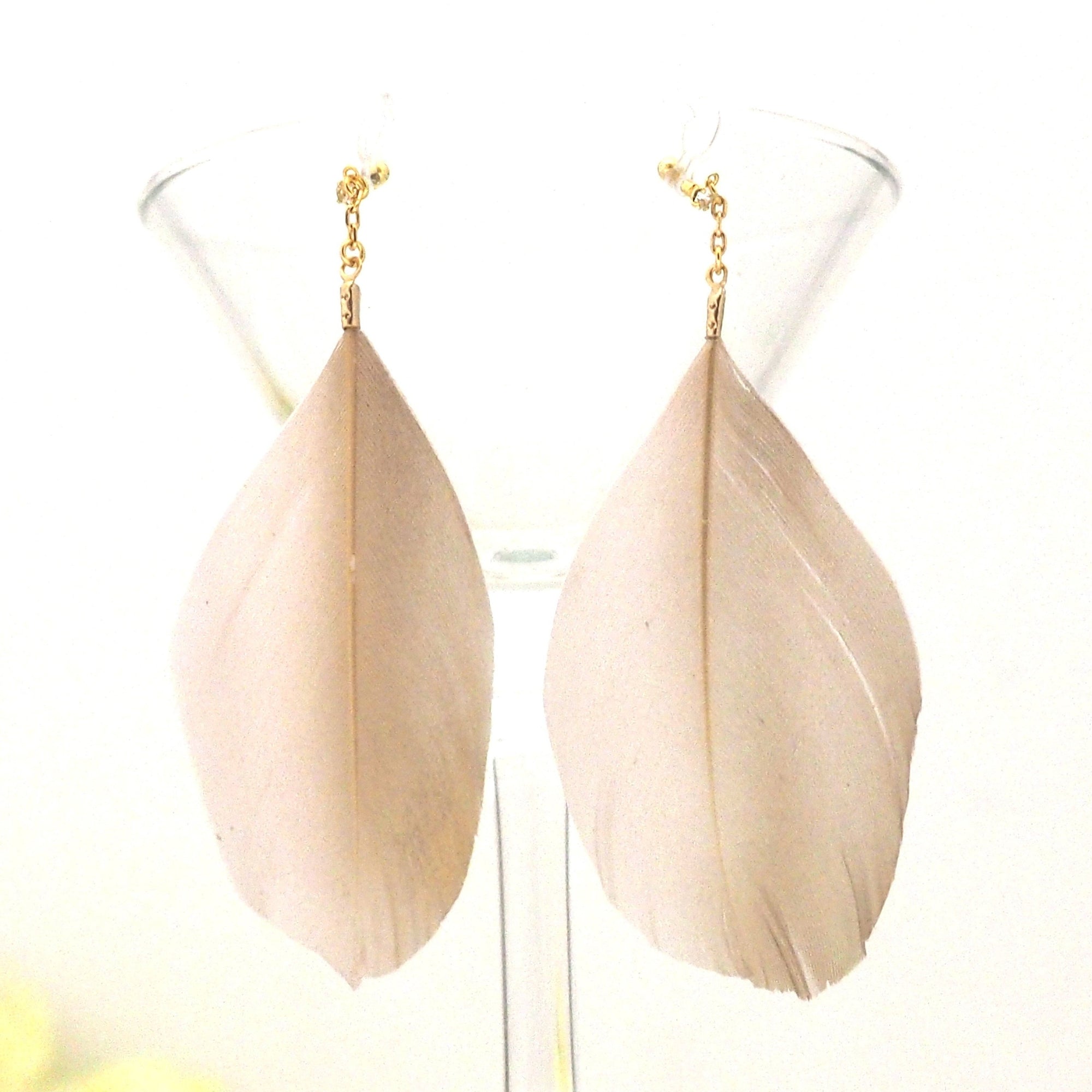 Gold painted pink feather invisible clip on earrings - miyabigracejewelry.com