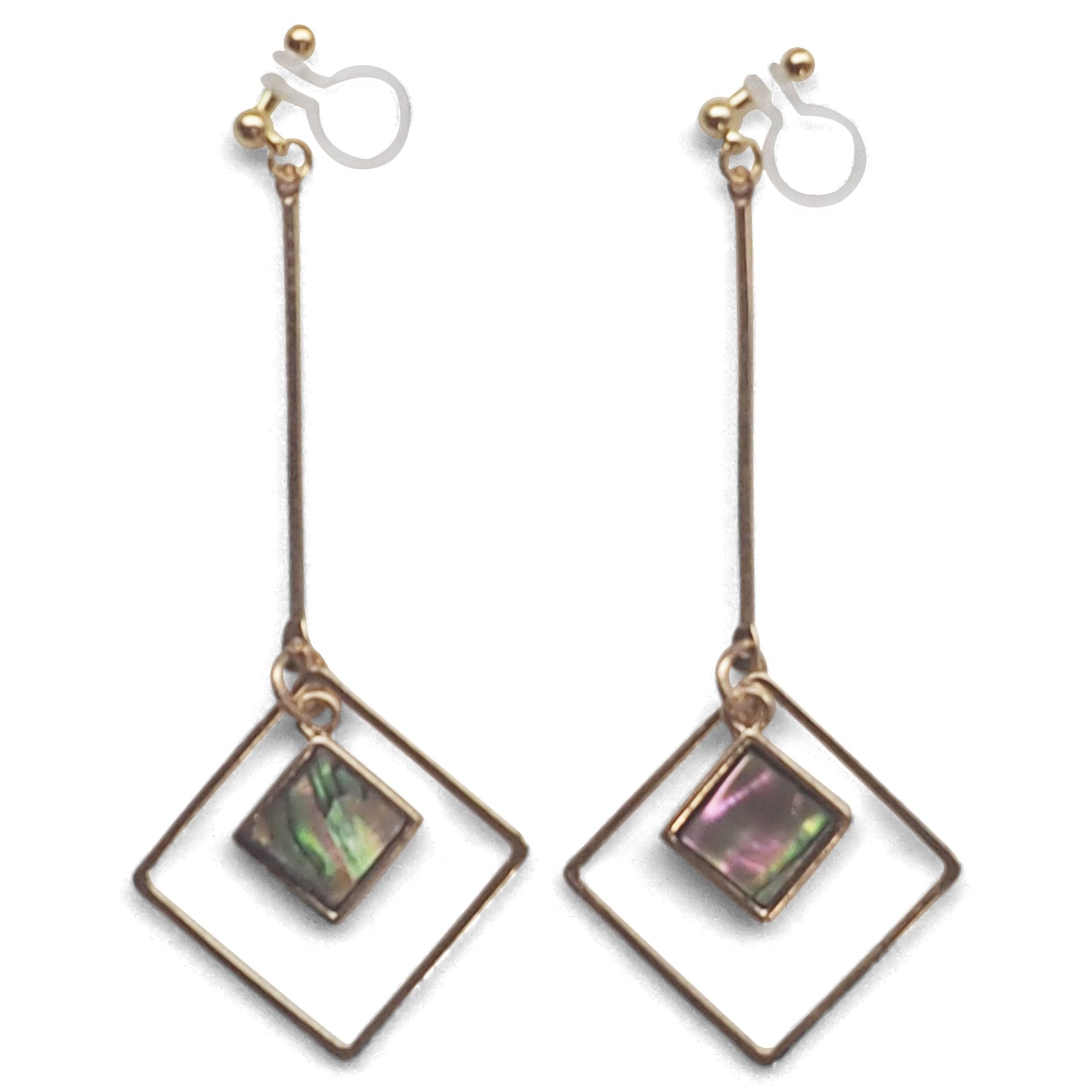 Abalone Shell and Dangle Long Square Hoop Invisible Clip on Earrings - miyabigracejewelry.com