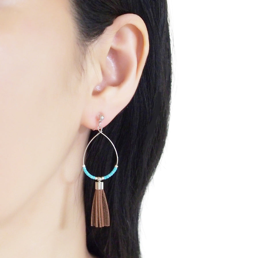 Hoop and brown tassel invisible clip on earrings ( Silver tone ) - miyabigracejewelry.com
