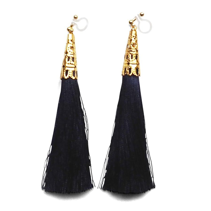 Long Navy Blue Tassel Invisible Clip On Earrings - miyabigracejewelry.com