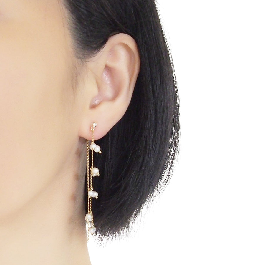 Double Sided Beaded White Freshwater Pearl Invisible Clip On Earrings (Gold tone) - miyabigracejewelry.com