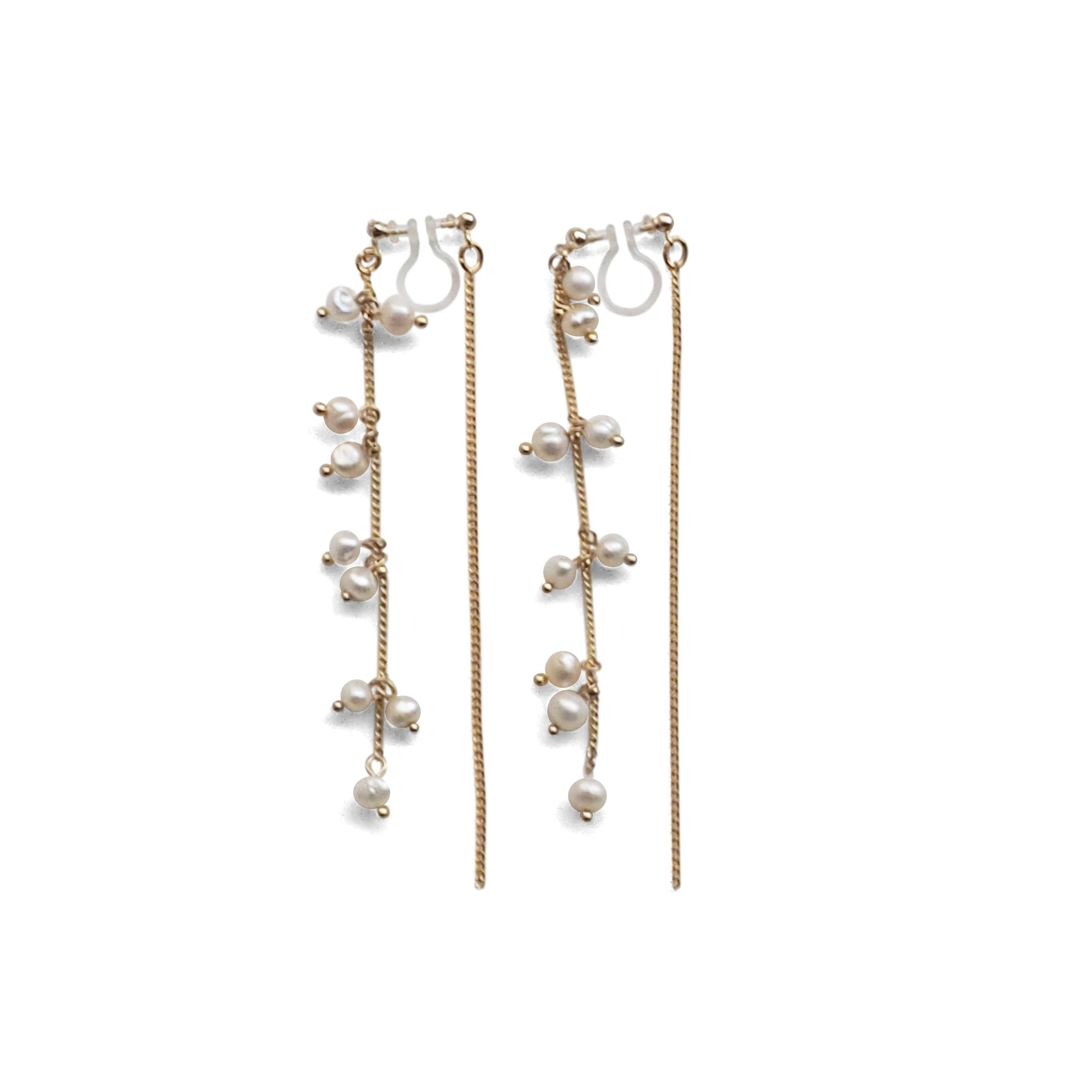 Double Sided Beaded White Freshwater Pearl Invisible Clip On Earrings (Gold tone) - miyabigracejewelry.com