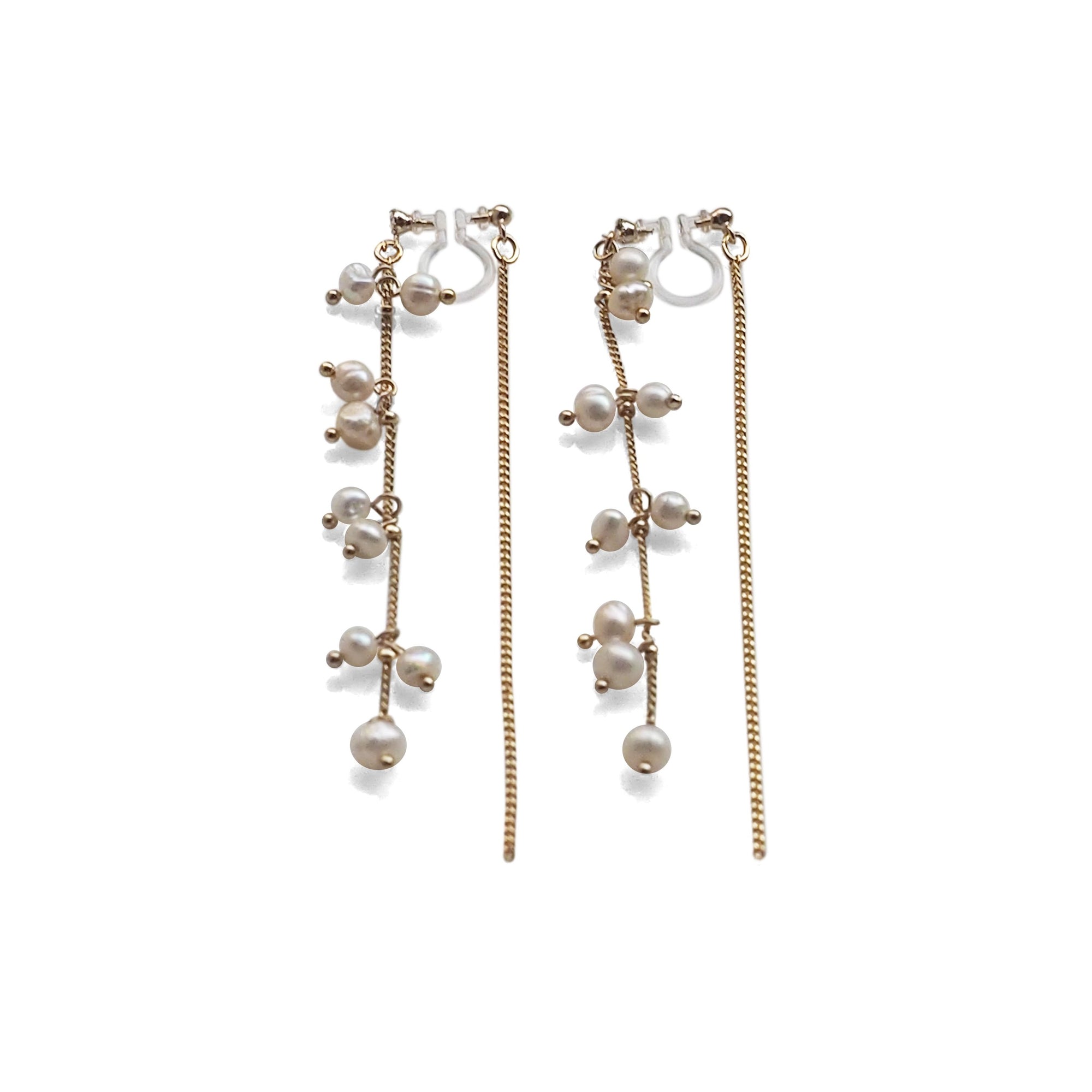 Double Sided Beaded White Freshwater Pearl Invisible Clip On Earrings (Gold tone) - miyabigracejewelry.com