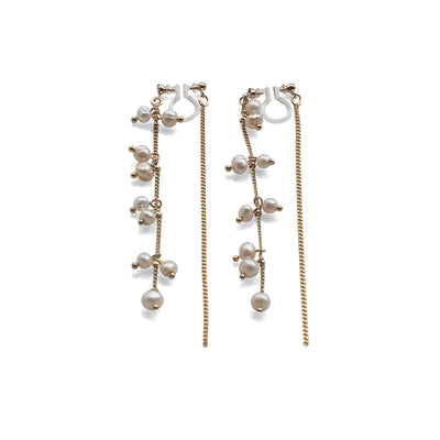 Double Sided Beaded White Freshwater Pearl Invisible Clip On Earrings (Gold tone) - miyabigracejewelry.com