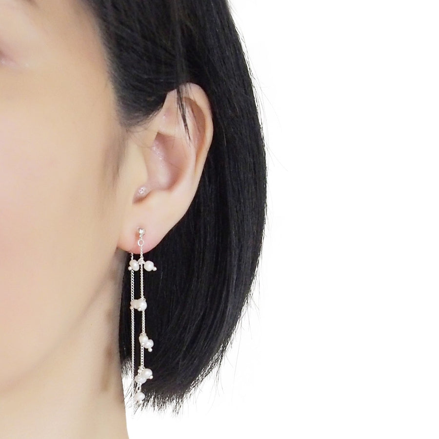 Double Sided Beaded White Freshwater Pearl Invisible Clip On Earrings (Silver tone) - miyabigracejewelry.com