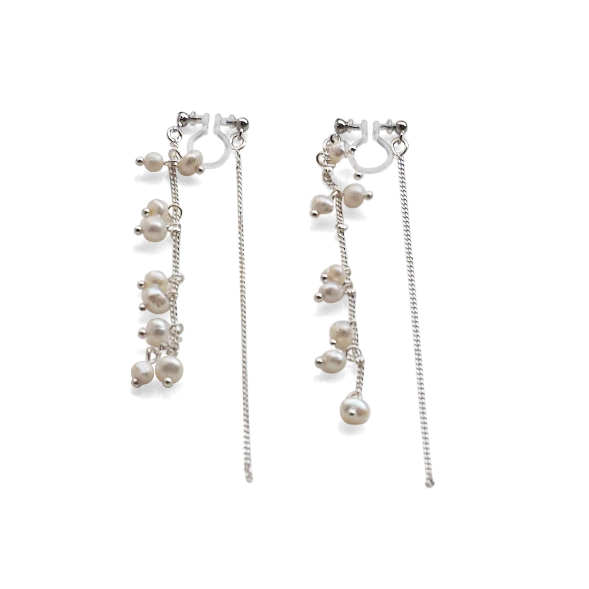 Double Sided Beaded White Freshwater Pearl Invisible Clip On Earrings (Silver tone) - miyabigracejewelry.com