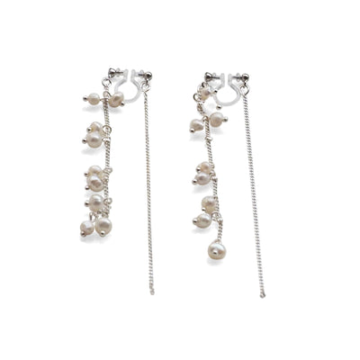 Double Sided Beaded White Freshwater Pearl Invisible Clip On Earrings (Silver tone) - miyabigracejewelry.com