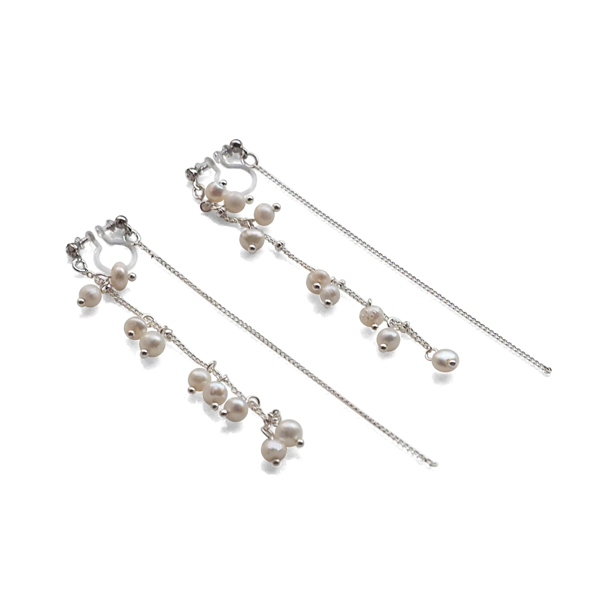 Double Sided Beaded White Freshwater Pearl Invisible Clip On Earrings (Silver tone) - miyabigracejewelry.com