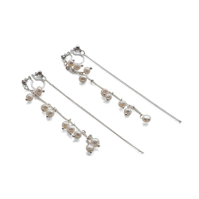 Double Sided Beaded White Freshwater Pearl Invisible Clip On Earrings (Silver tone) - miyabigracejewelry.com