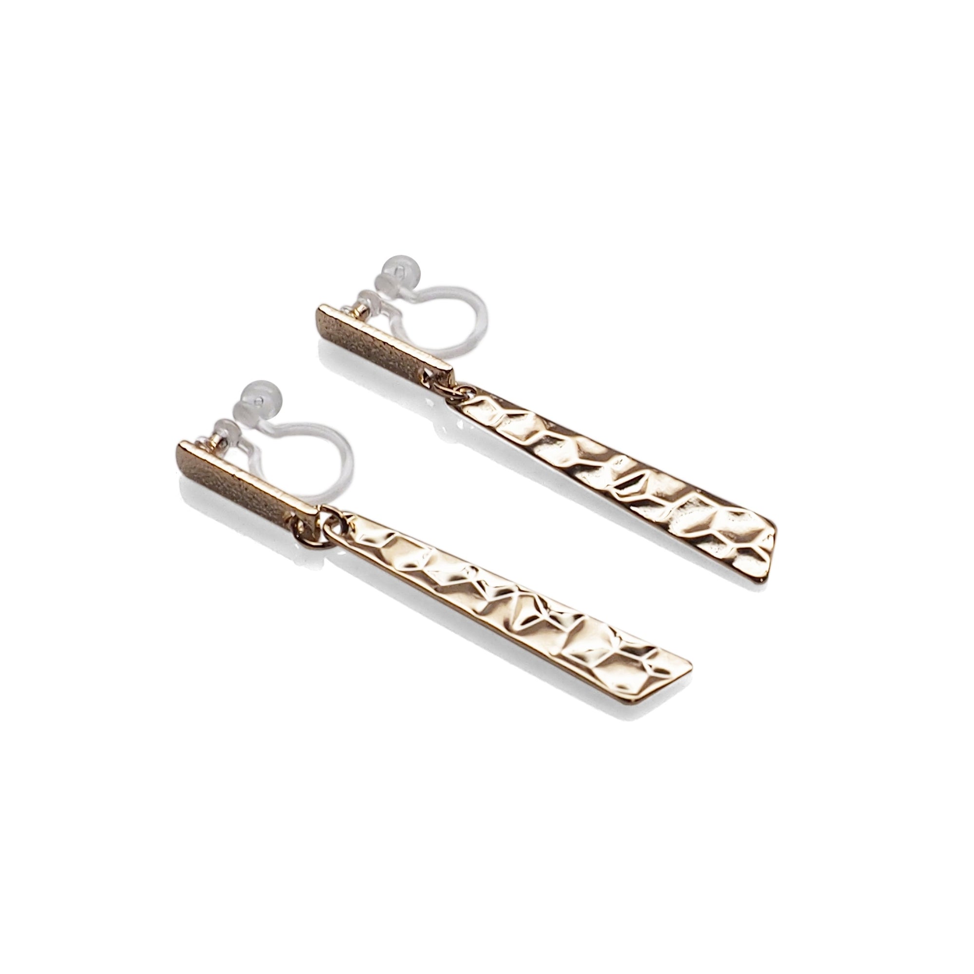 Dangle Hammered Triange Invisible clip on stud earrings ( Gold tone ) - Miyabi Grace