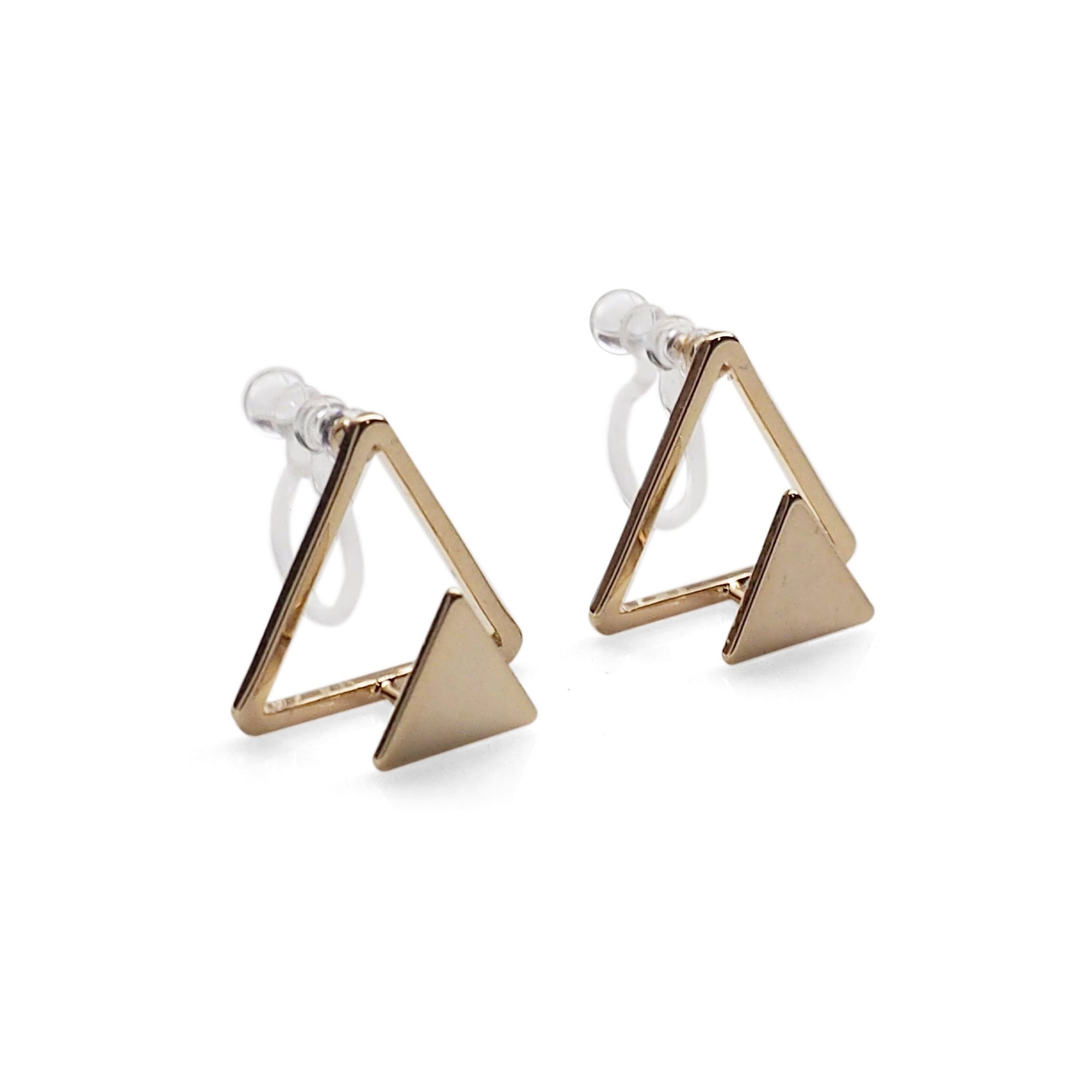 Dimentional Double Triangle Invisible clip on stud earrings ( Gold tone ) - Miyabi Grace