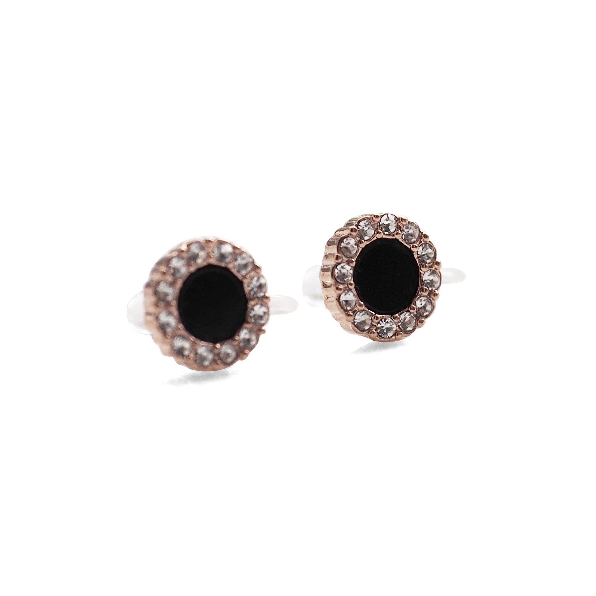 Rose Gold Round Swarovski Crystal Rhinestone Pave Invisible Clip On Stud Earrings ( Black ) - Miyabi Grace
