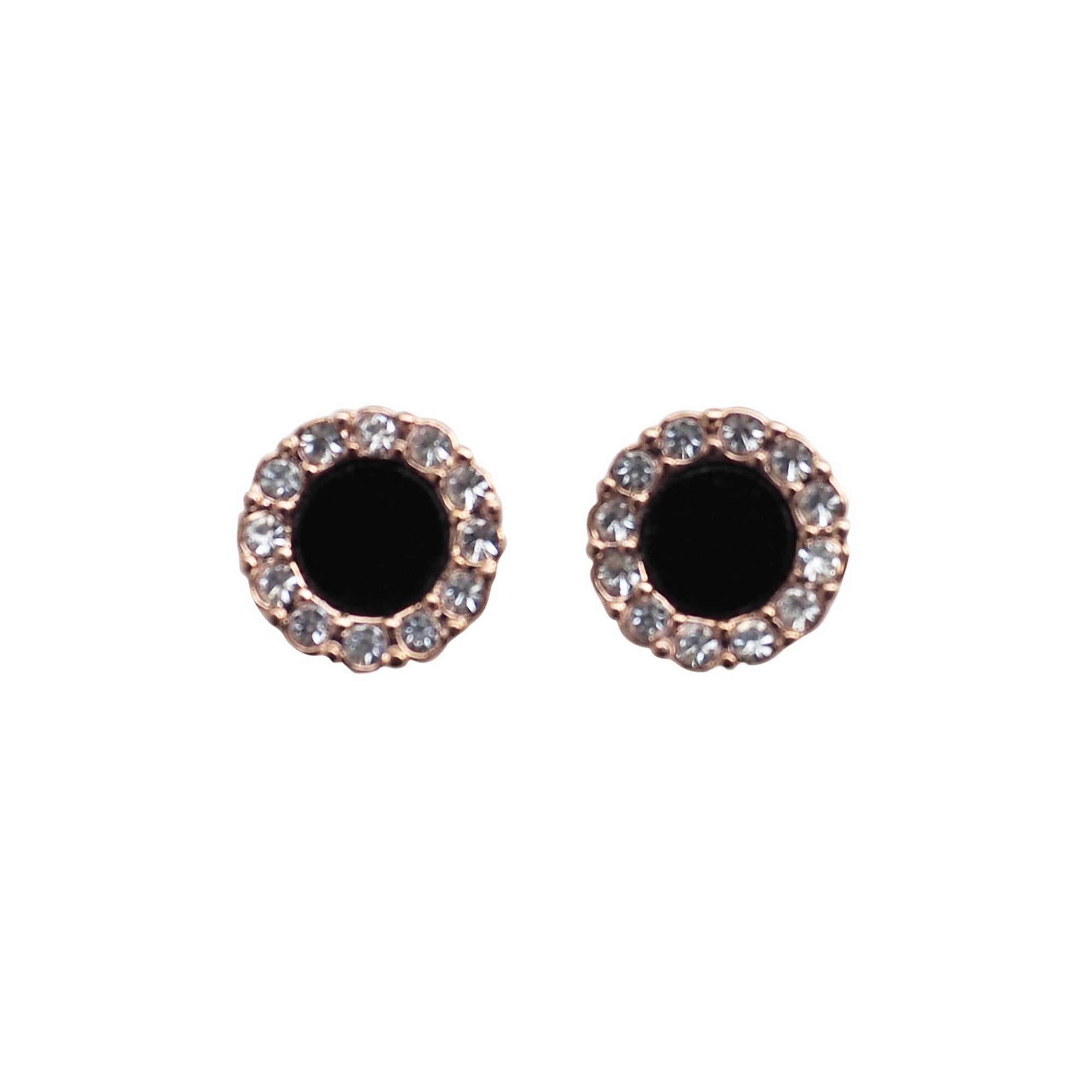 Rose Gold Round Swarovski Crystal Rhinestone Pave Invisible Clip On Stud Earrings ( Black ) - Miyabi Grace