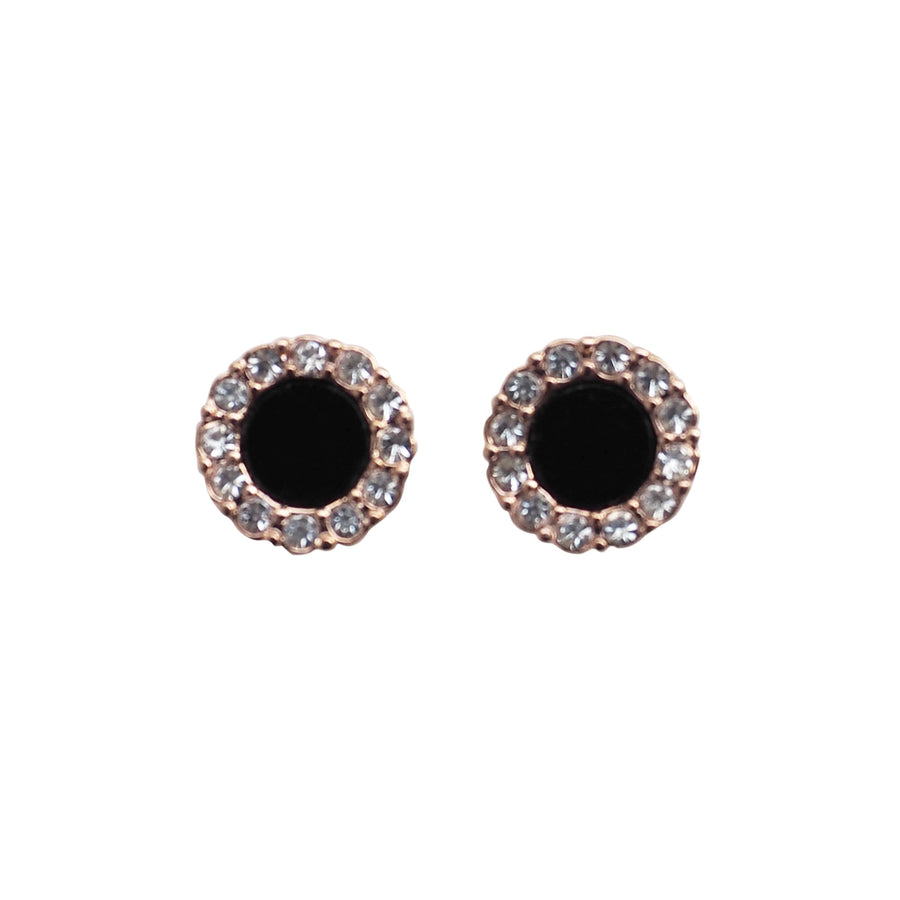 Rose Gold Round Swarovski Crystal Rhinestone Pave Invisible Clip On Stud Earrings ( Black ) - Miyabi Grace