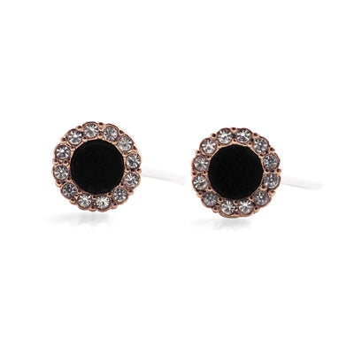 Rose Gold Round Swarovski Crystal Rhinestone Pave Invisible Clip On Stud Earrings ( Black ) - Miyabi Grace