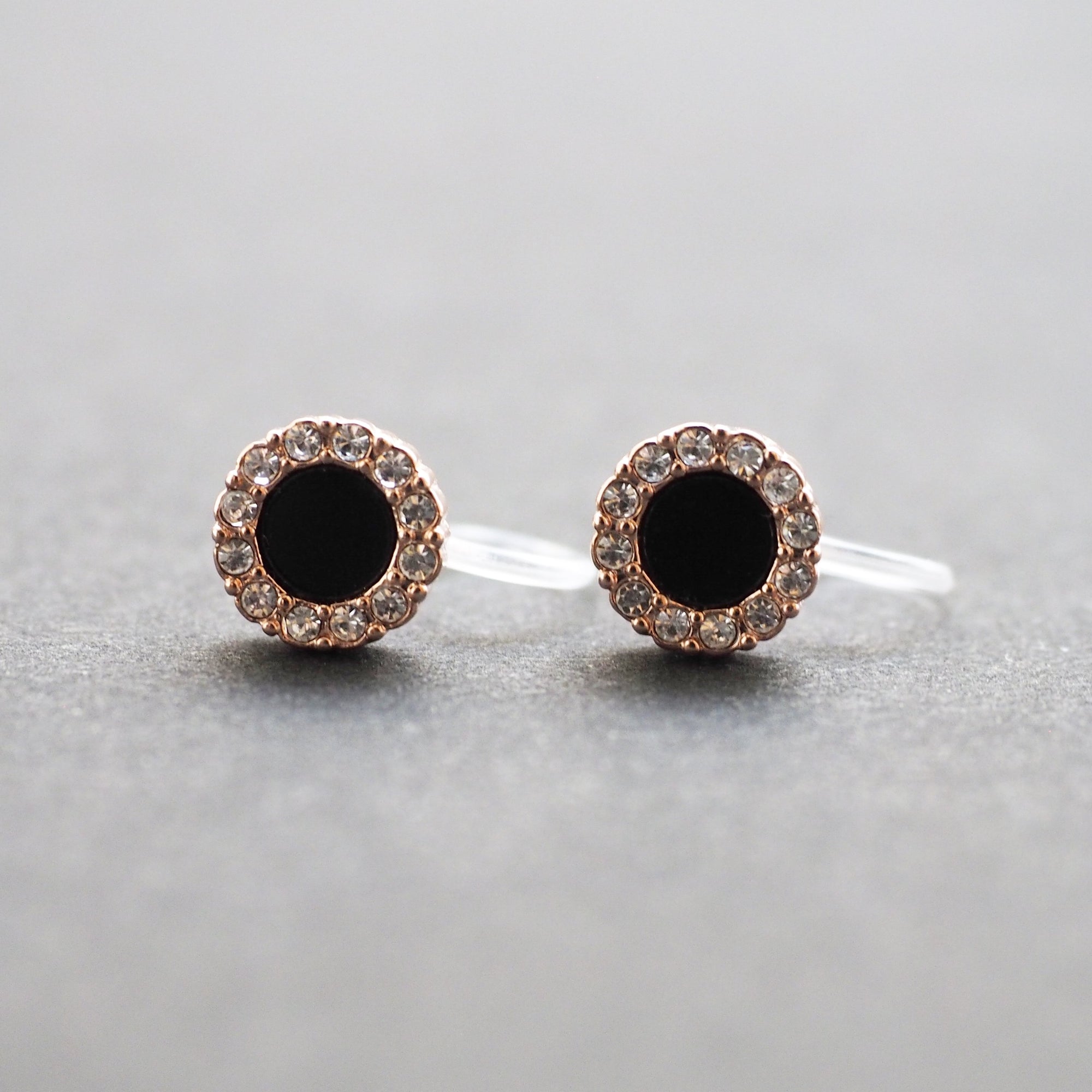 Rose Gold Round Swarovski Crystal Rhinestone Pave Invisible Clip On Stud Earrings ( Black ) - Miyabi Grace