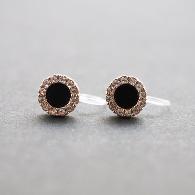 Rose Gold Round Swarovski Crystal Rhinestone Pave Invisible Clip On Stud Earrings ( Black ) - Miyabi Grace