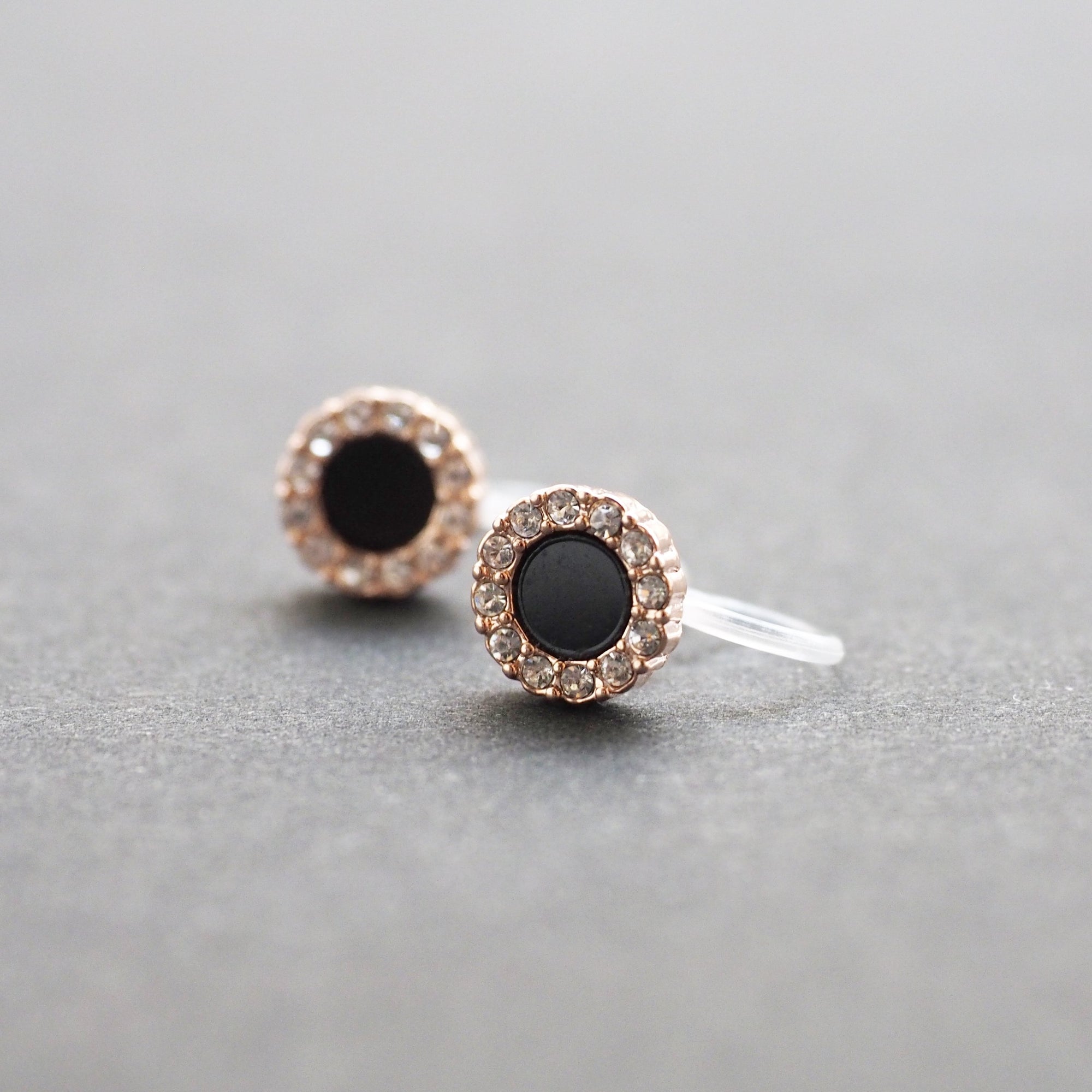 Rose Gold Round Swarovski Crystal Rhinestone Pave Invisible Clip On Stud Earrings ( Black ) - Miyabi Grace