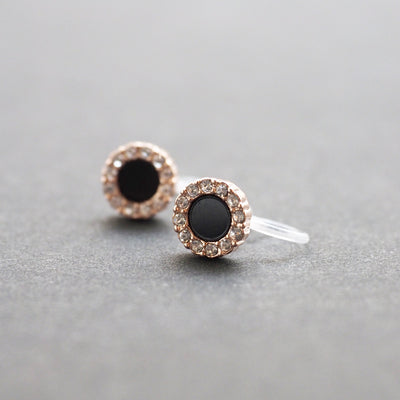 Rose Gold Round Swarovski Crystal Rhinestone Pave Invisible Clip On Stud Earrings ( Black ) - Miyabi Grace