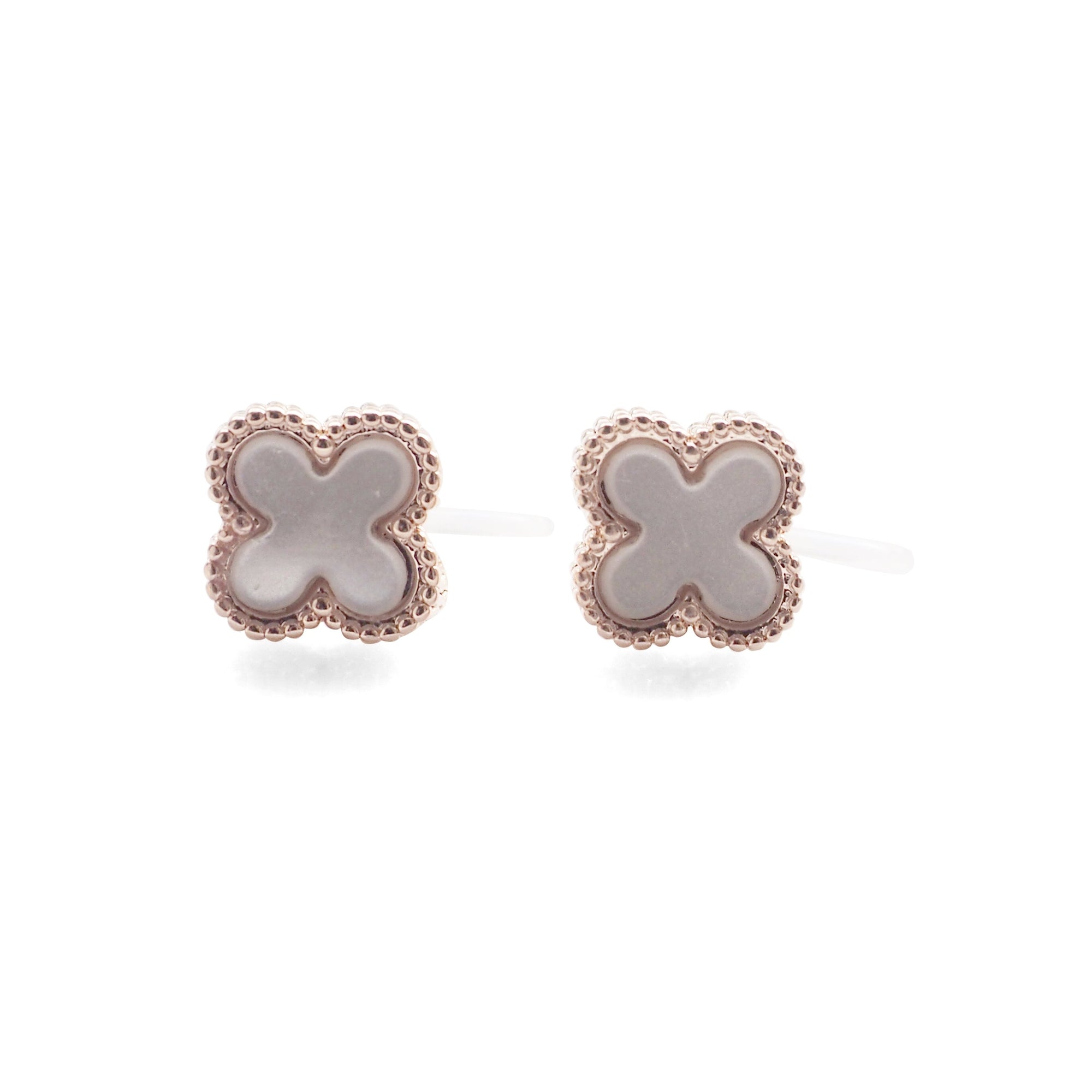 Rose Gold Clover Swarovski Crystal Rhinestone Pave Invisible Clip On Stud Earrings ( White ) - Miyabi Grace