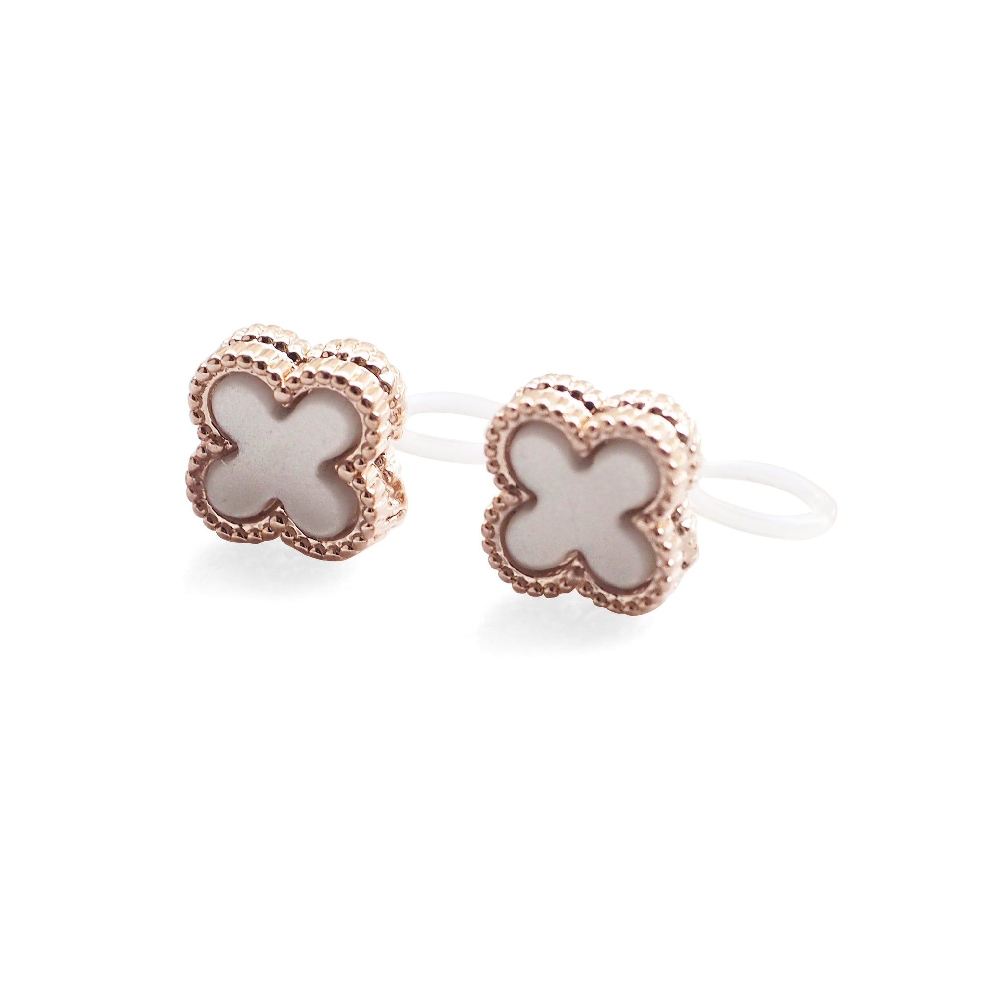 Rose Gold Clover Swarovski Crystal Rhinestone Pave Invisible Clip On Stud Earrings ( White ) - Miyabi Grace
