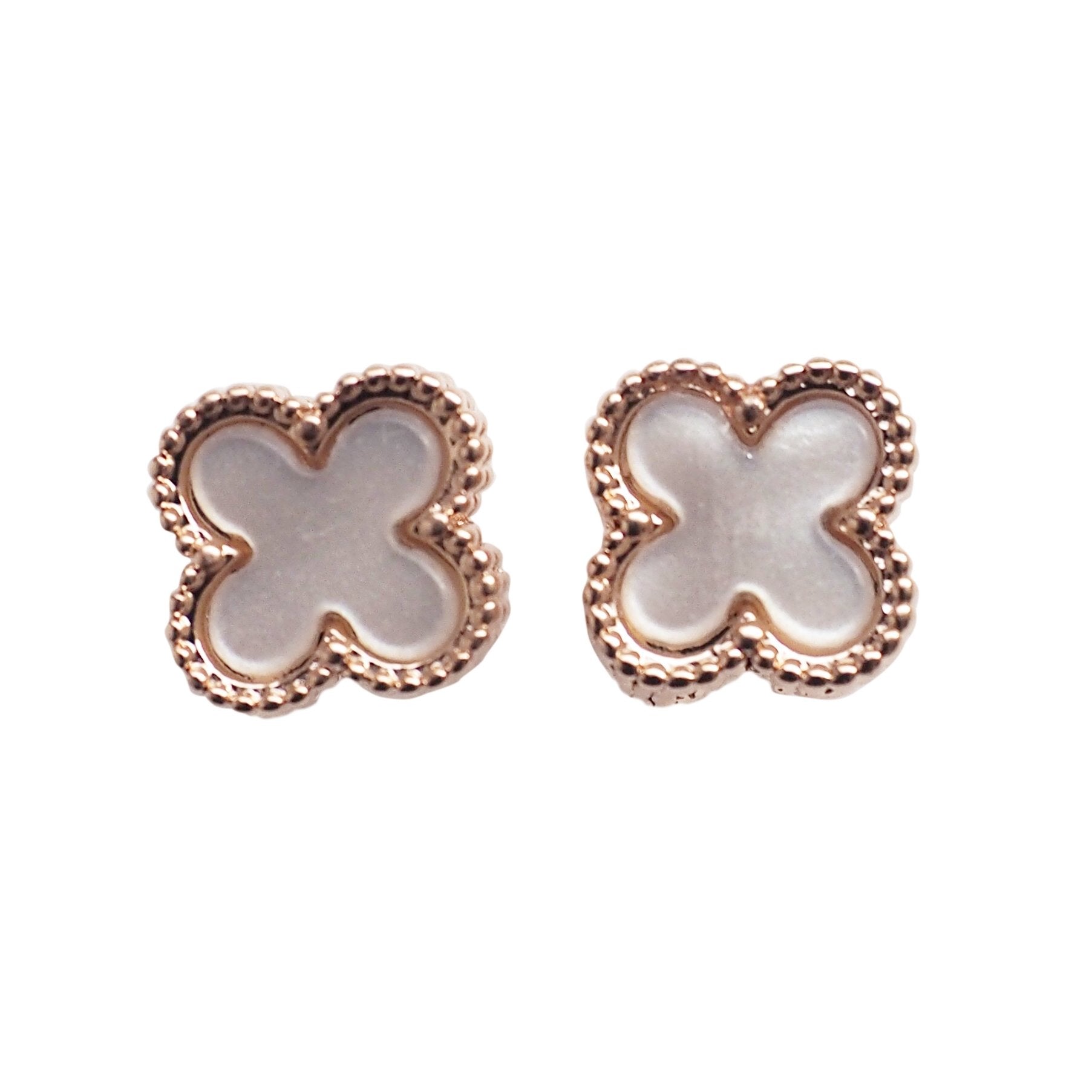 Rose Gold Clover Swarovski Crystal Rhinestone Pave Invisible Clip On Stud Earrings ( White ) - Miyabi Grace