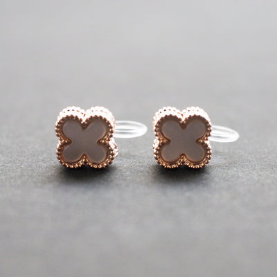 Rose Gold Clover Swarovski Crystal Rhinestone Pave Invisible Clip On Stud Earrings ( White ) - Miyabi Grace