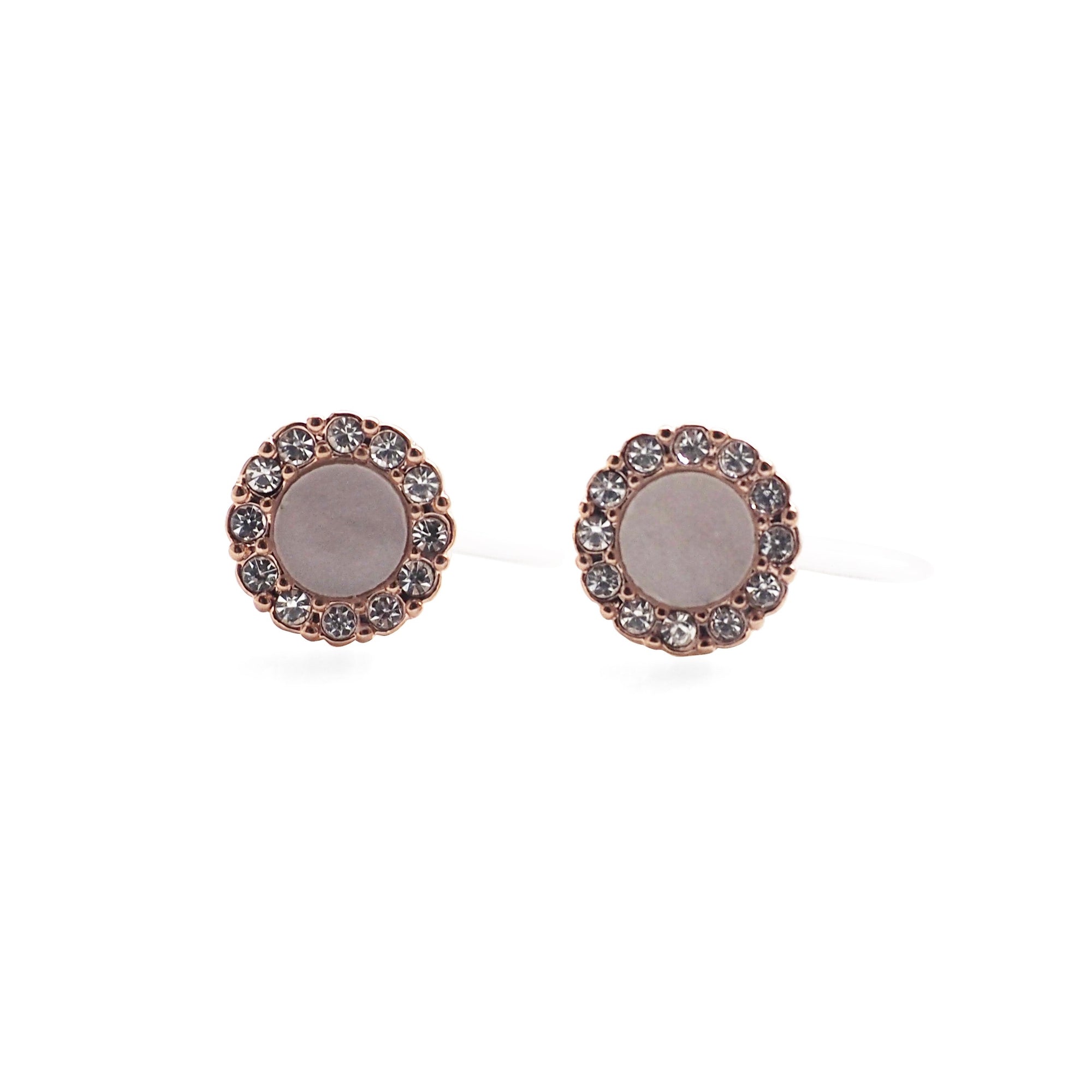 Rose Gold Round Swarovski Crystal Rhinestone Pave Invisible Clip On Stud Earrings ( White ) - Miyabi Grace