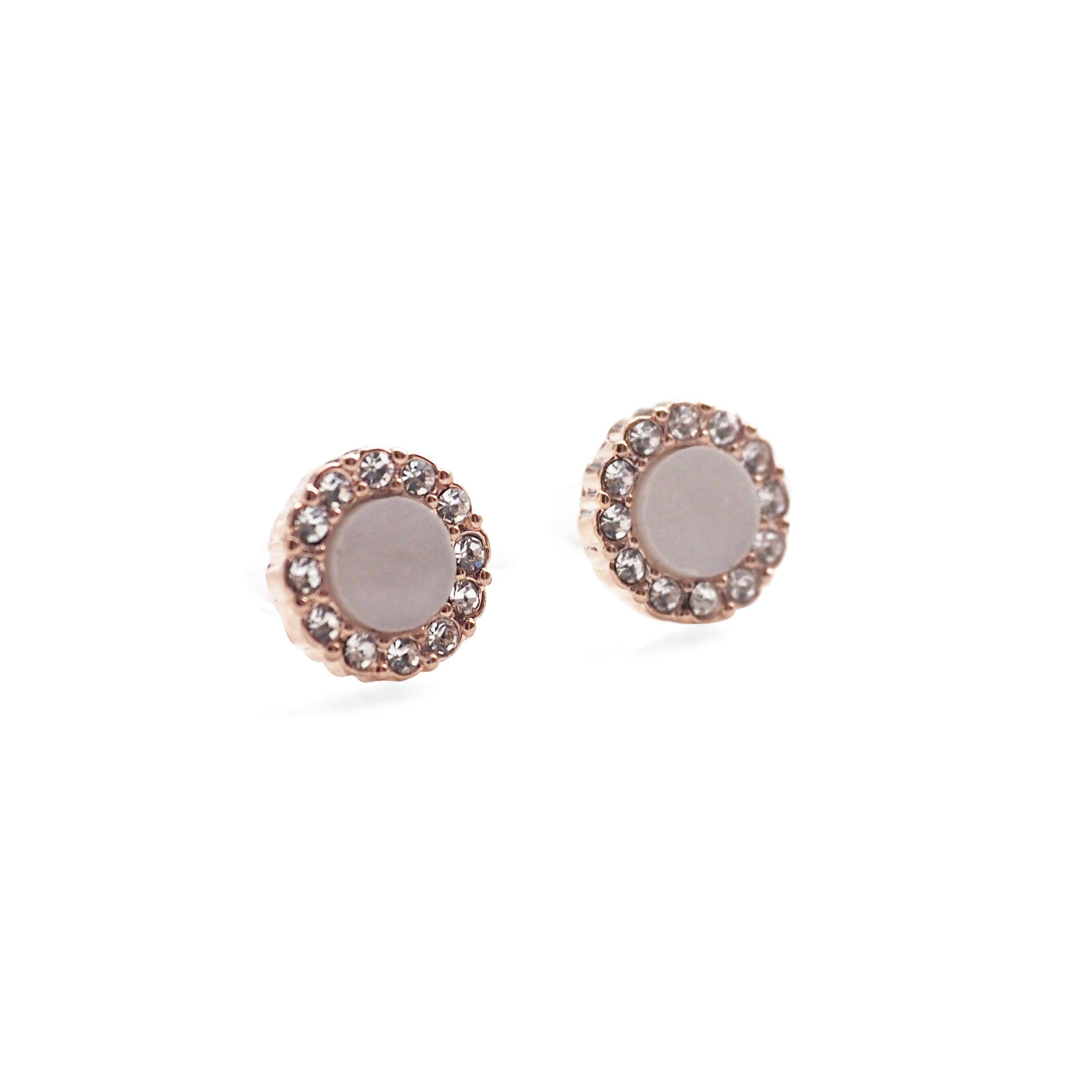Rose Gold Round Swarovski Crystal Rhinestone Pave Invisible Clip On Stud Earrings ( White ) - Miyabi Grace