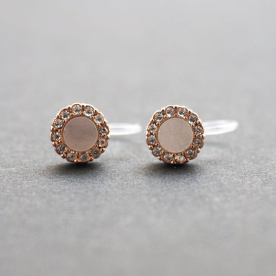 Rose Gold Round Swarovski Crystal Rhinestone Pave Invisible Clip On Stud Earrings ( White ) - Miyabi Grace