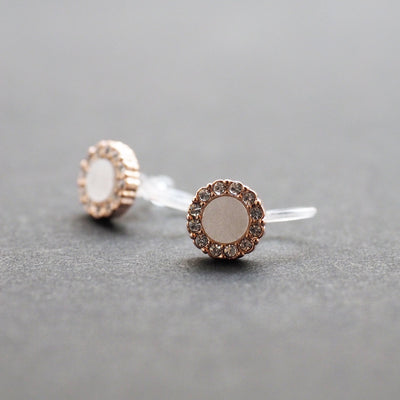 Rose Gold Round Swarovski Crystal Rhinestone Pave Invisible Clip On Stud Earrings ( White ) - Miyabi Grace