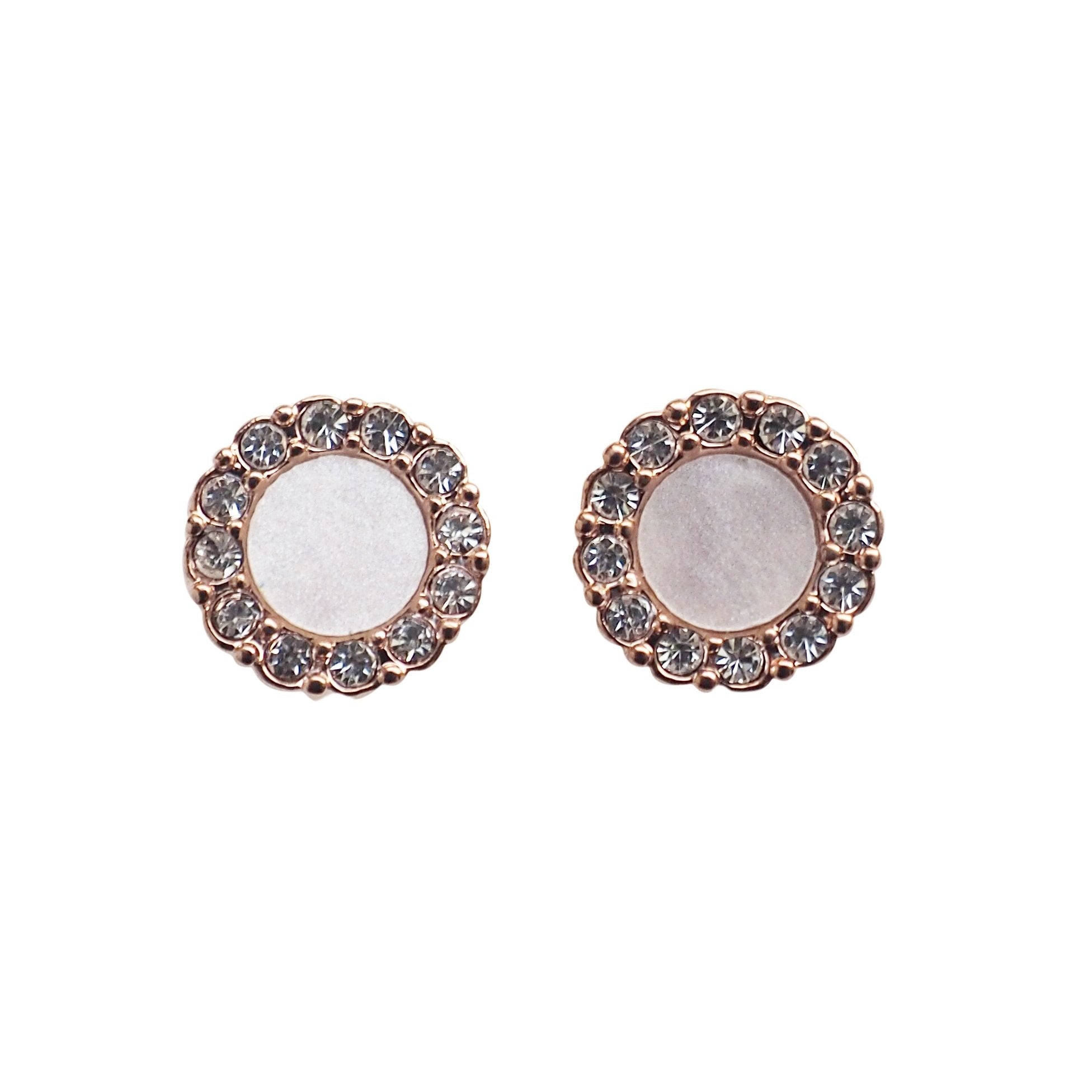 Rose Gold Round Swarovski Crystal Rhinestone Pave Invisible Clip On Stud Earrings ( White ) - Miyabi Grace