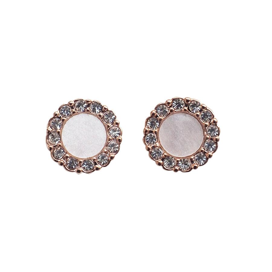 Rose Gold Round Swarovski Crystal Rhinestone Pave Invisible Clip On Stud Earrings ( White ) - Miyabi Grace